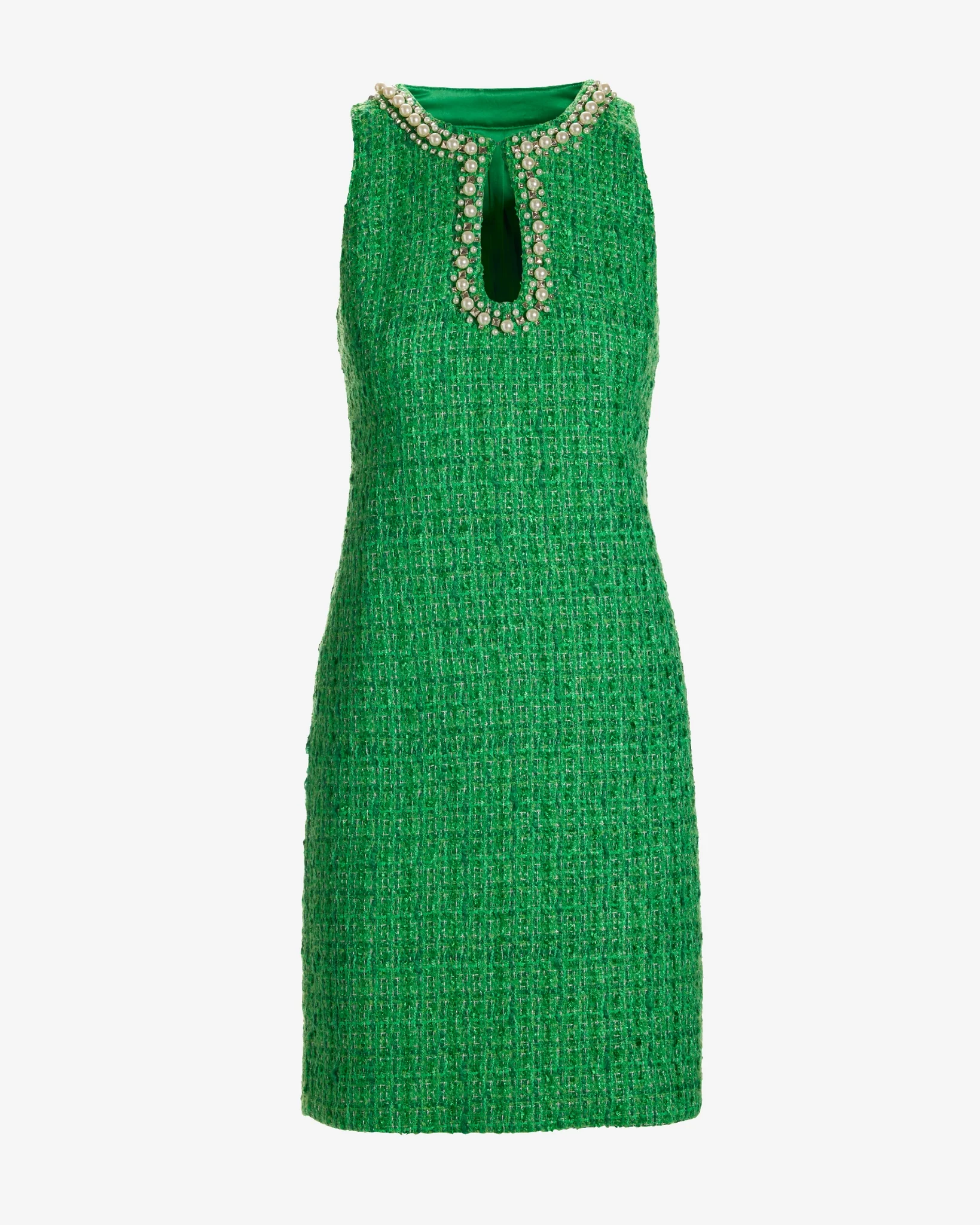 Pearl and Stud Embellished Keyhole Tweed Sheath Dress Green