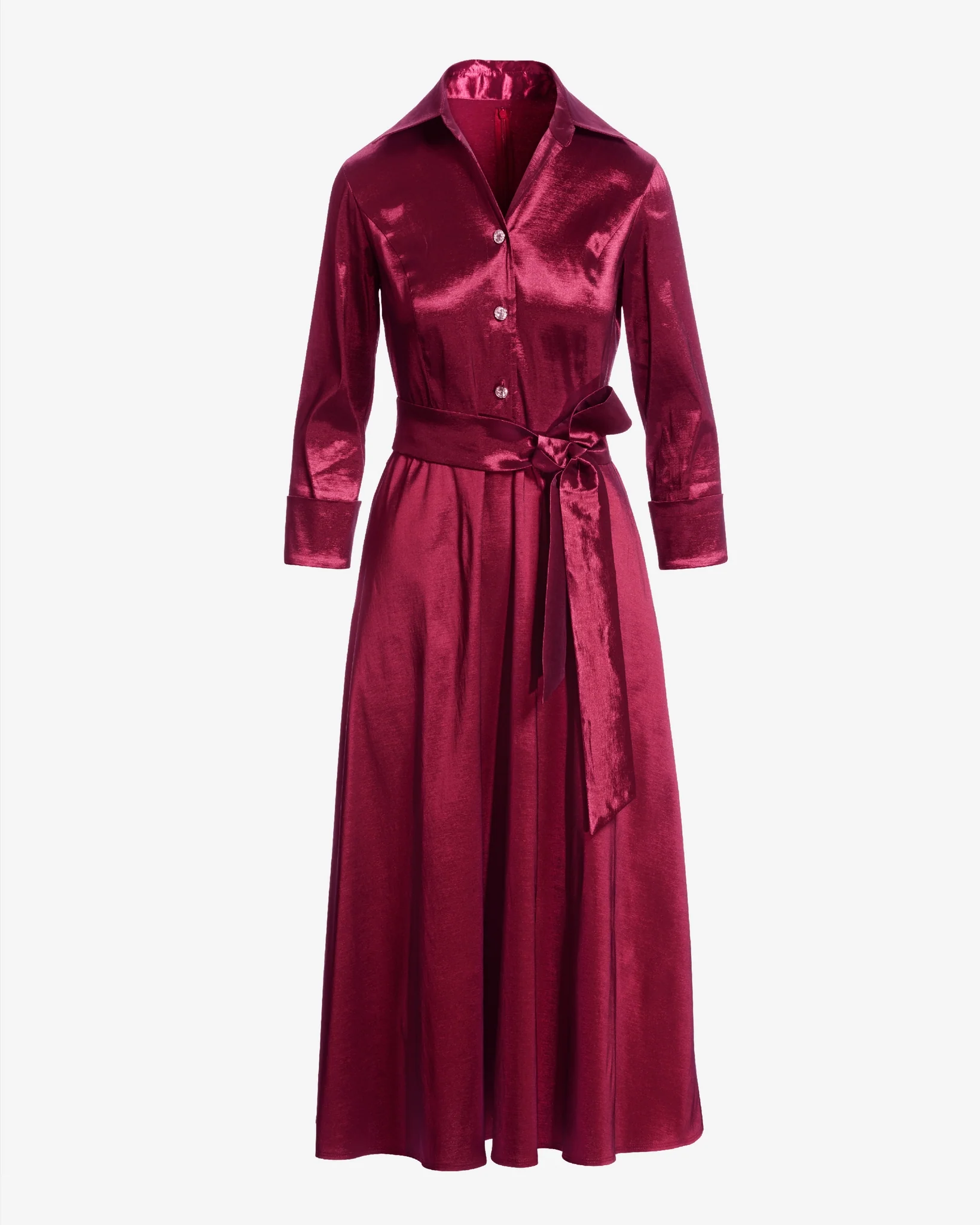 Three Quarter Sleeve Button Up Shirt Midi Dress Wine