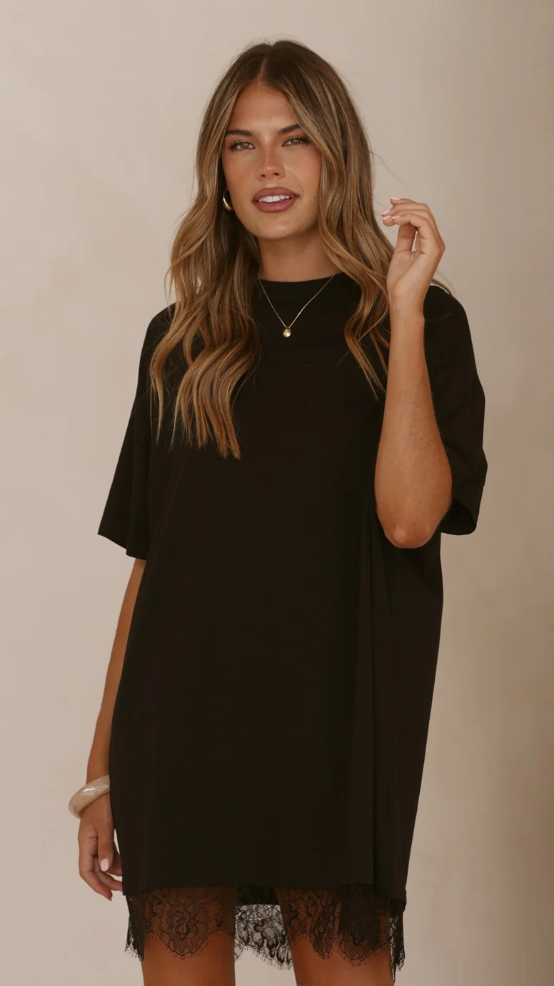 Saya T Shirt Lace Mini Dress - Black