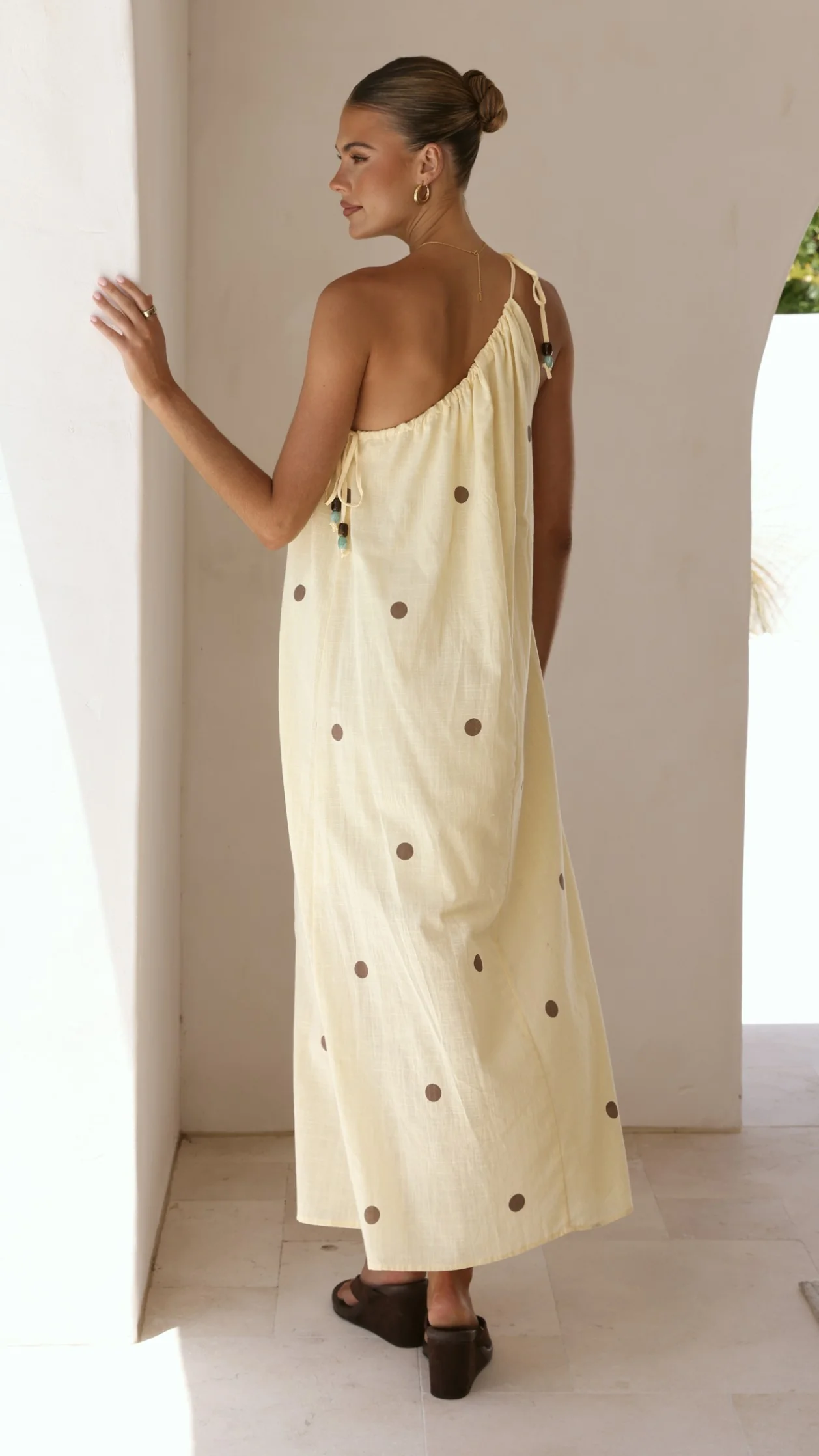 Nasira One Shoulder Maxi Dress - Yellow/Chocolate Polka