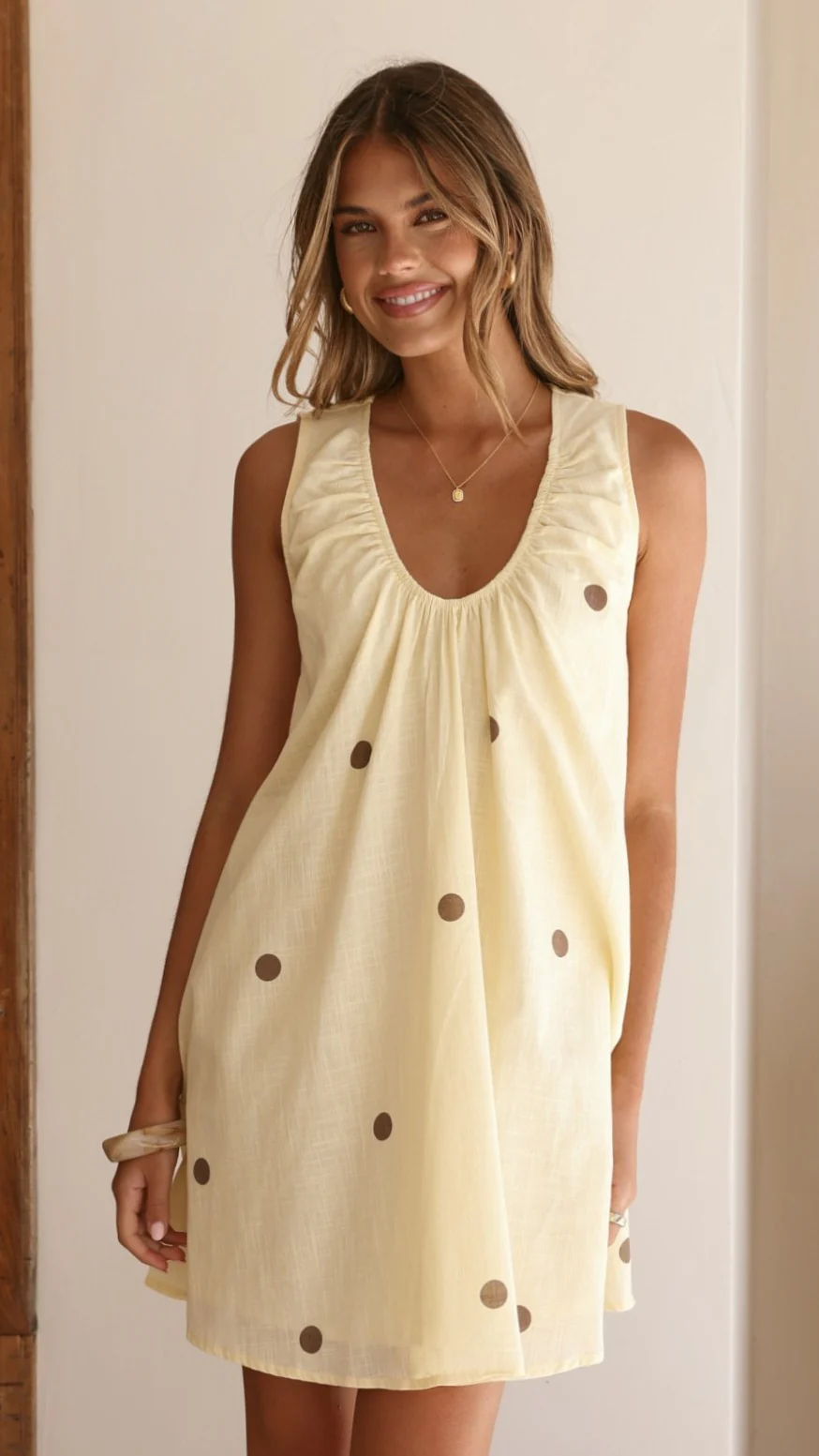 Alaya Mini Dress - Yellow/Chocolate Polka