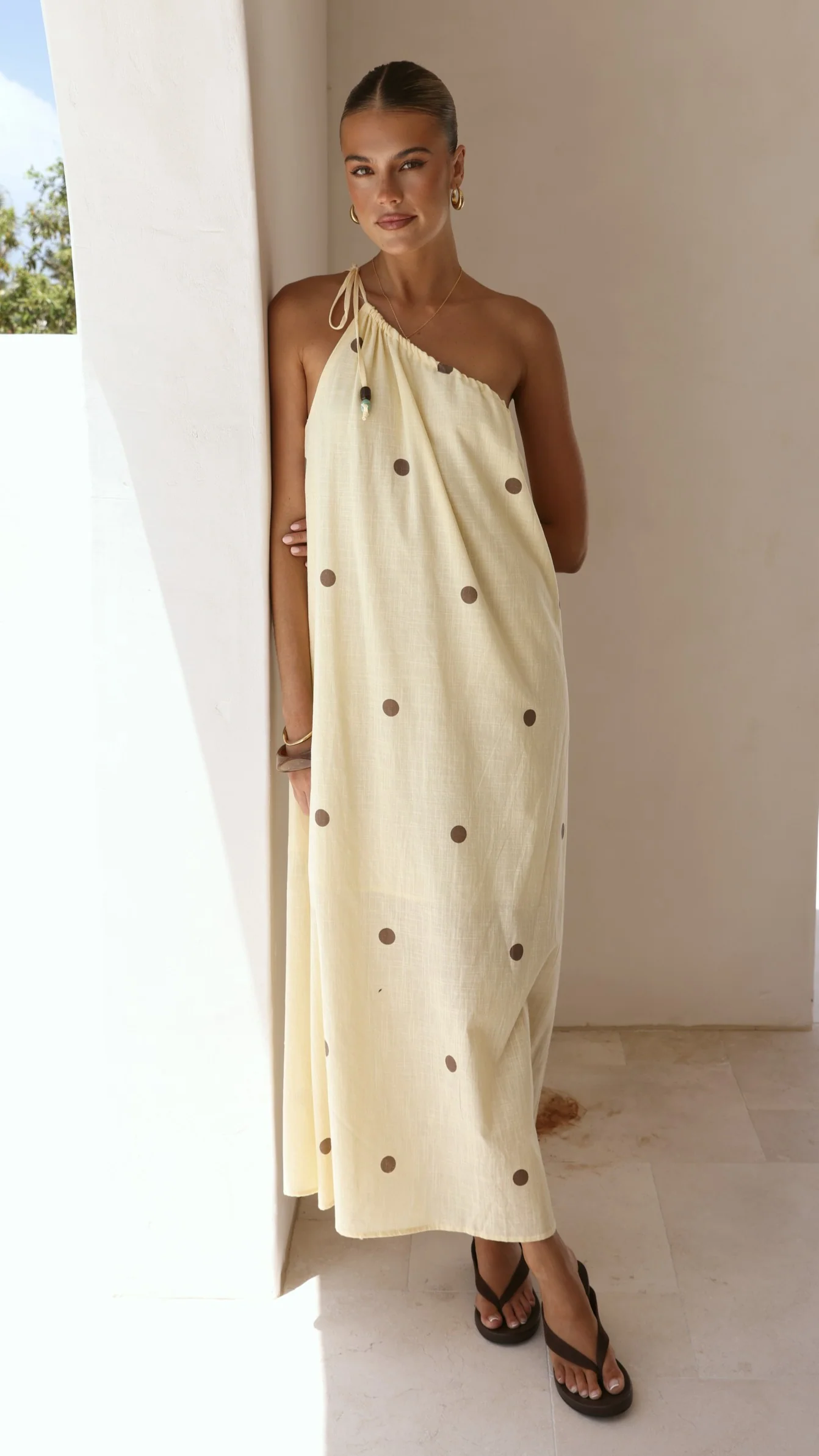 Nasira One Shoulder Maxi Dress - Yellow/Chocolate Polka