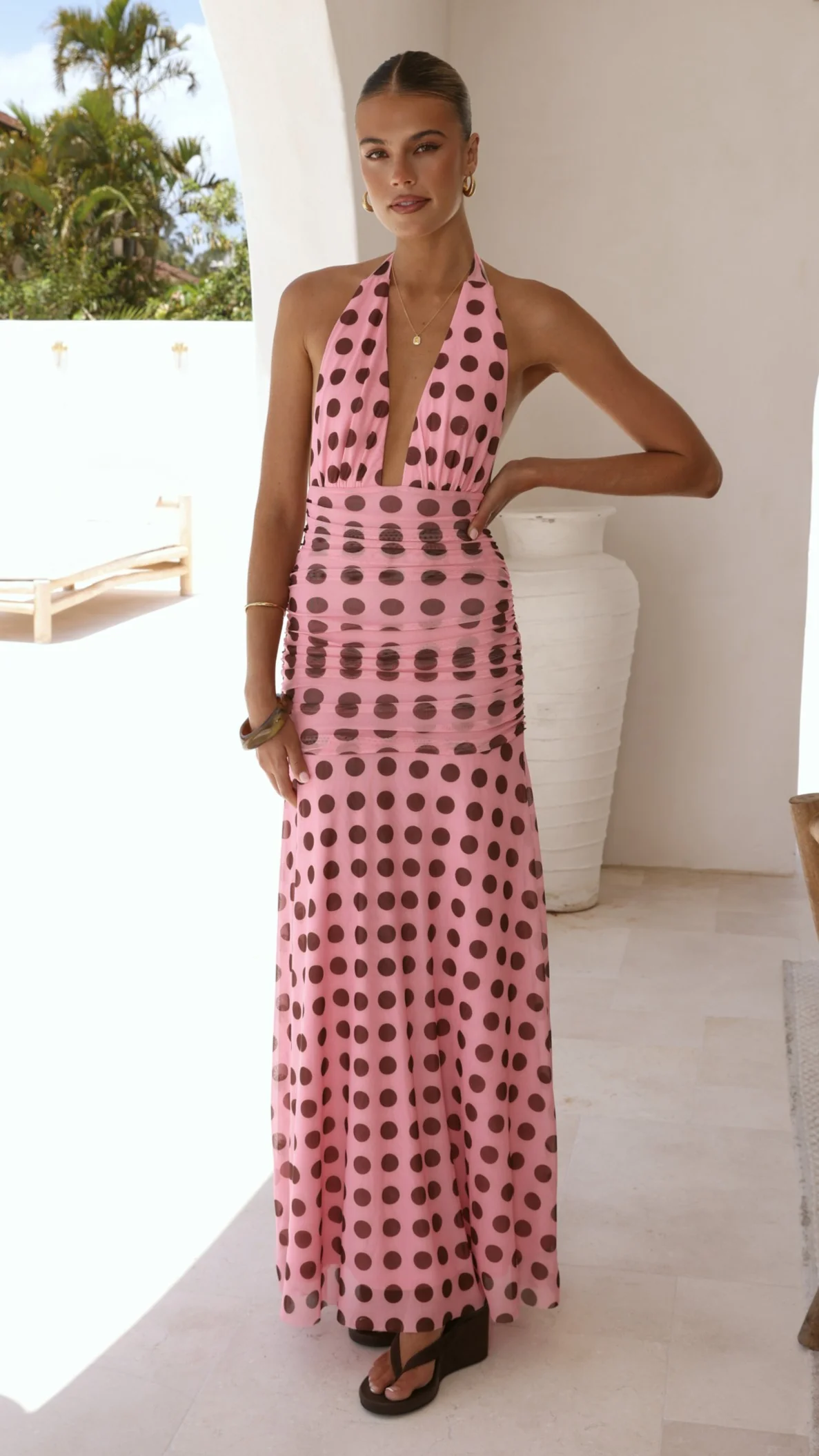 Kya Maxi Dress - Pink / Brown Polka