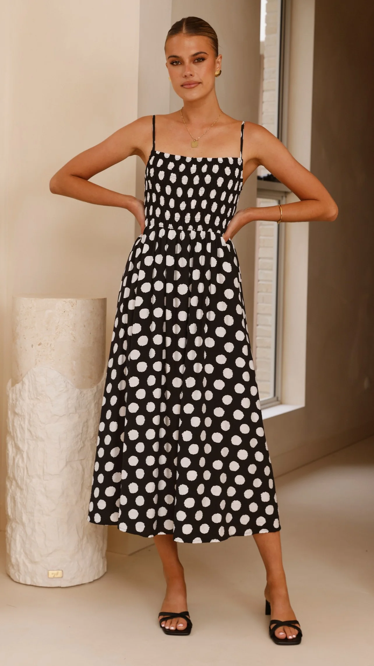 Roma Midi Dress - Black/ White Polka Dot
