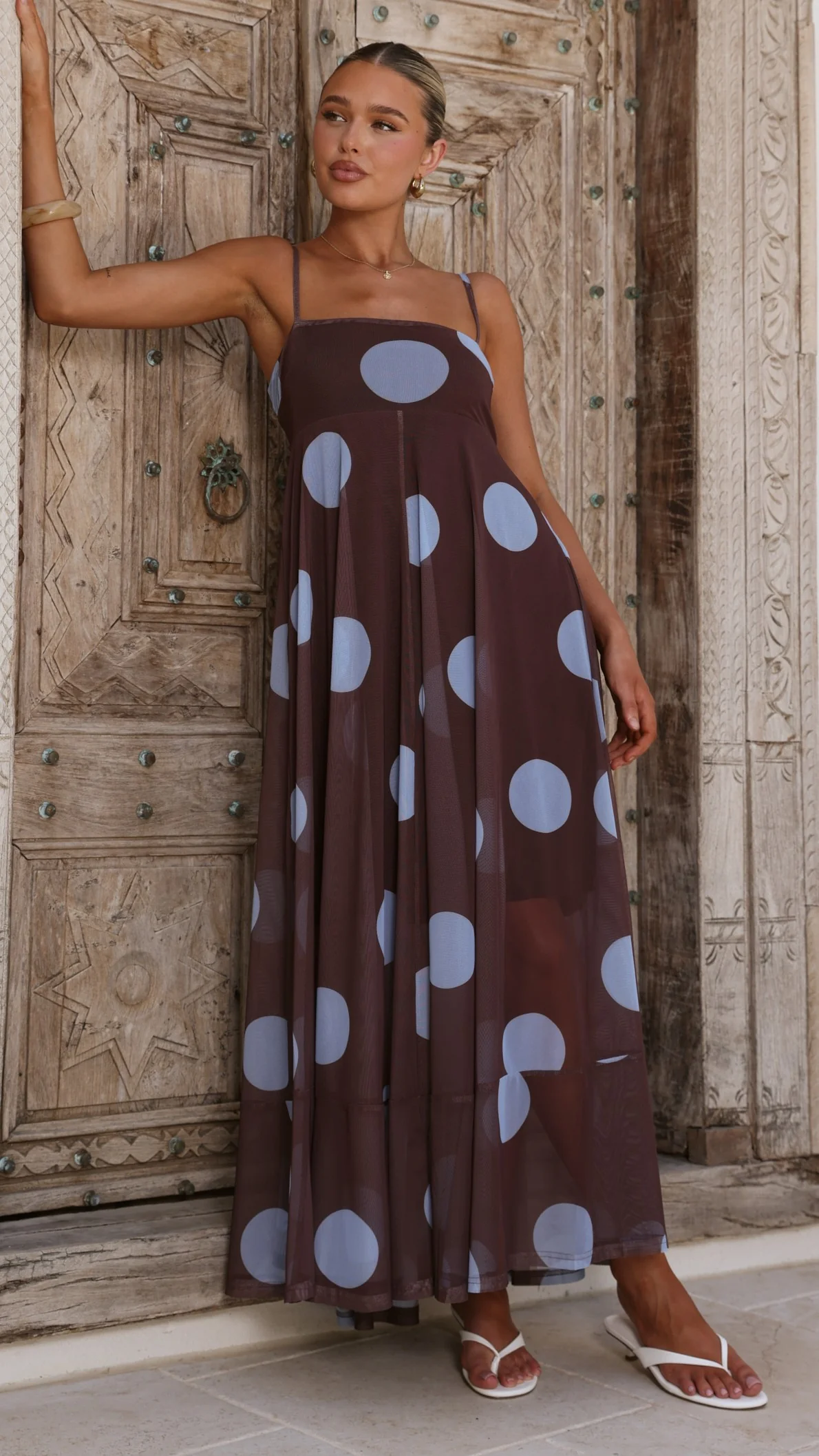Melinda Mesh Maxi Dress - Brown / Blue Polka Dot