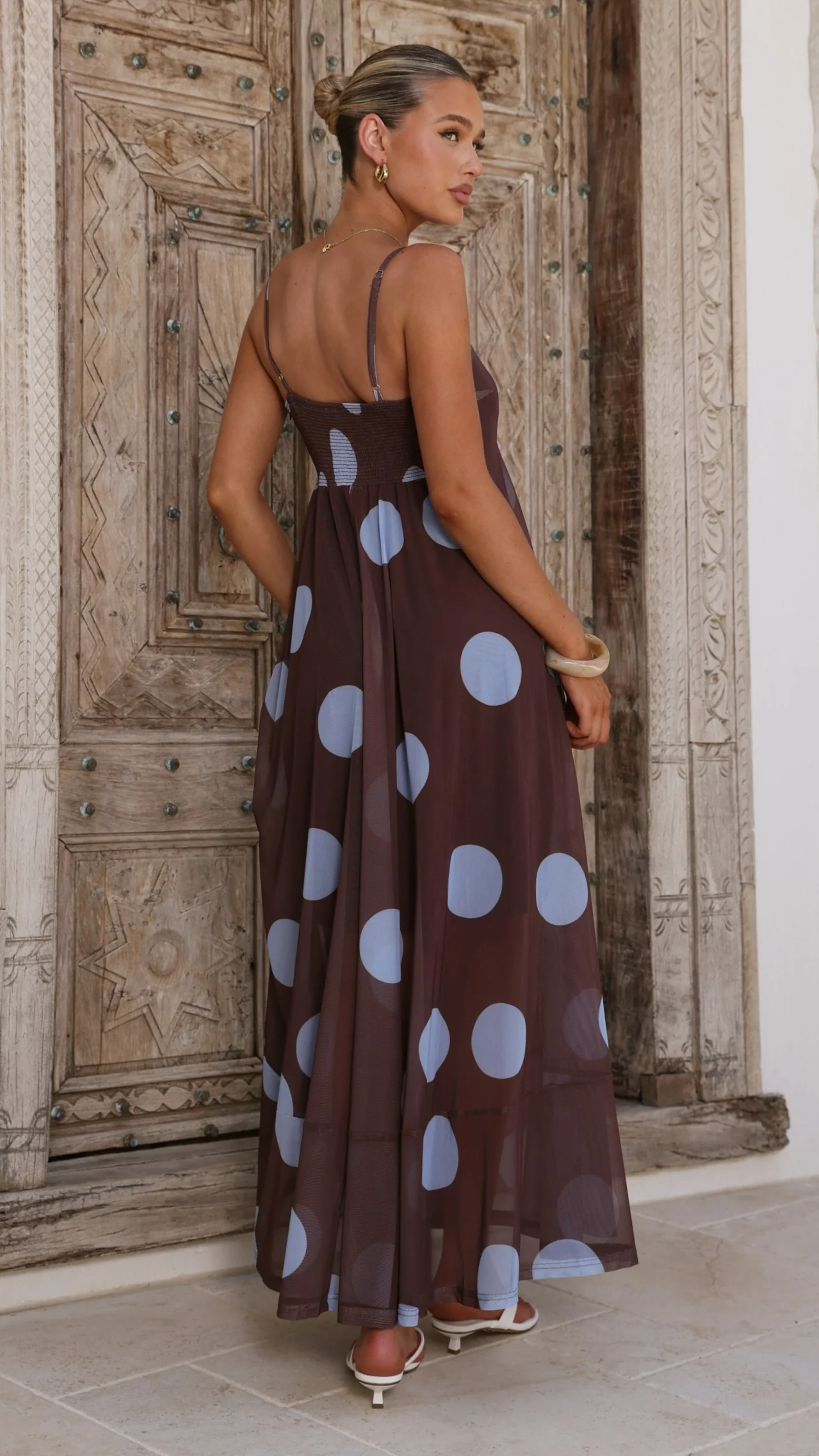 Melinda Mesh Maxi Dress - Brown / Blue Polka Dot