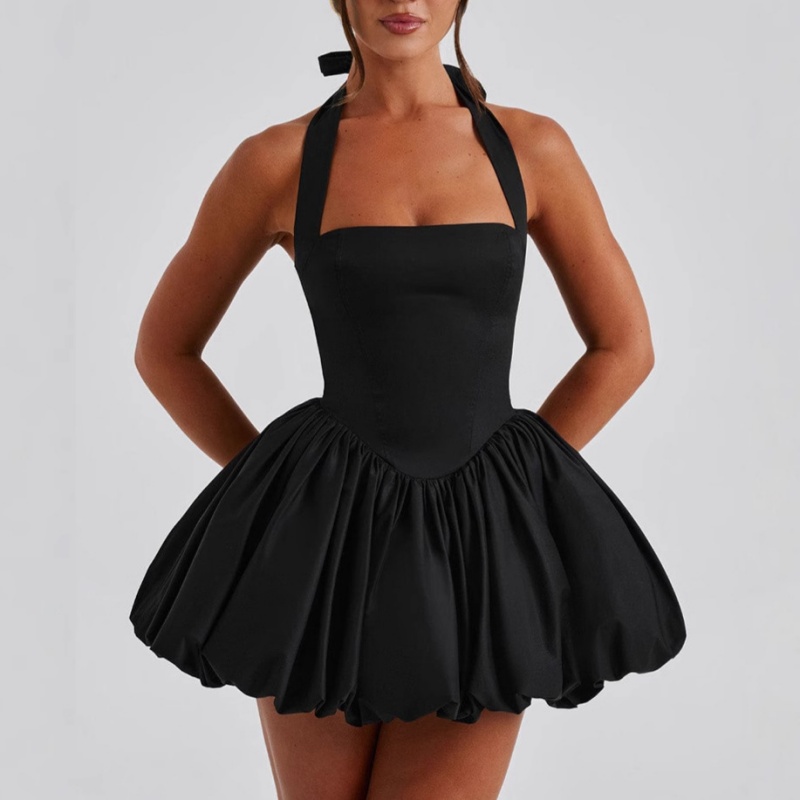 Elegant Black Halter Puff Mini Dress
