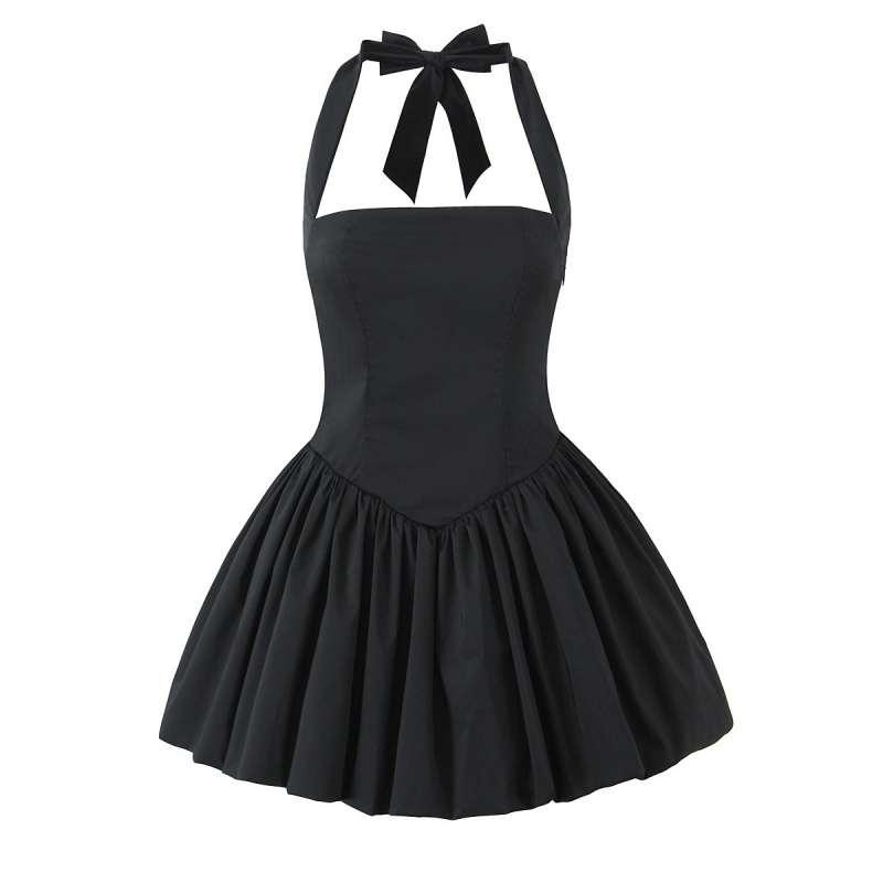Elegant Black Halter Puff Mini Dress