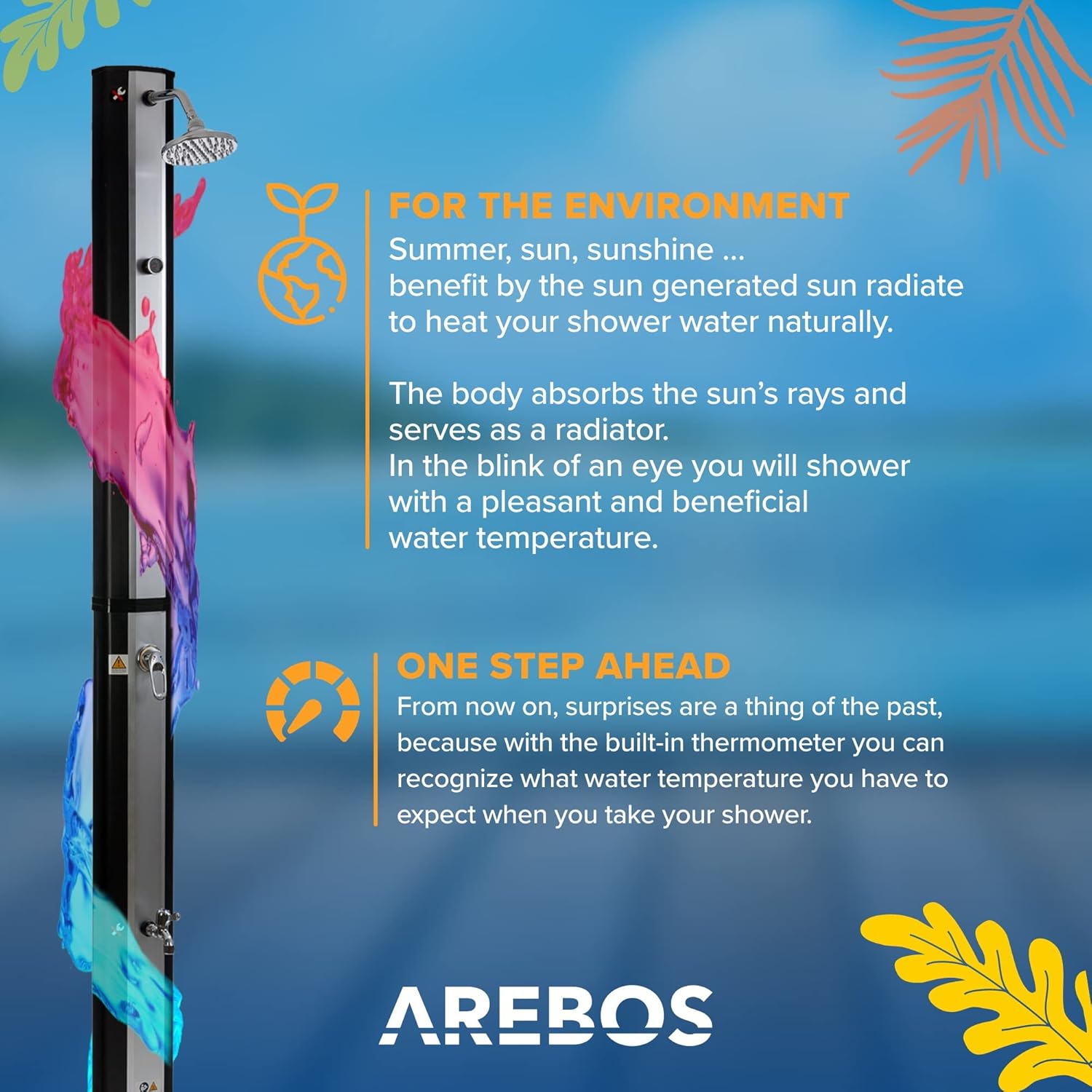 Arebos Ducha Solar | 35 litros | 216cm | con termómetro Integrado | Incl.Portada | Cabezal de Ducha Redondo | con Ducha de pies | Ducha de jardín con conexión para Manguera de jardín | Negro