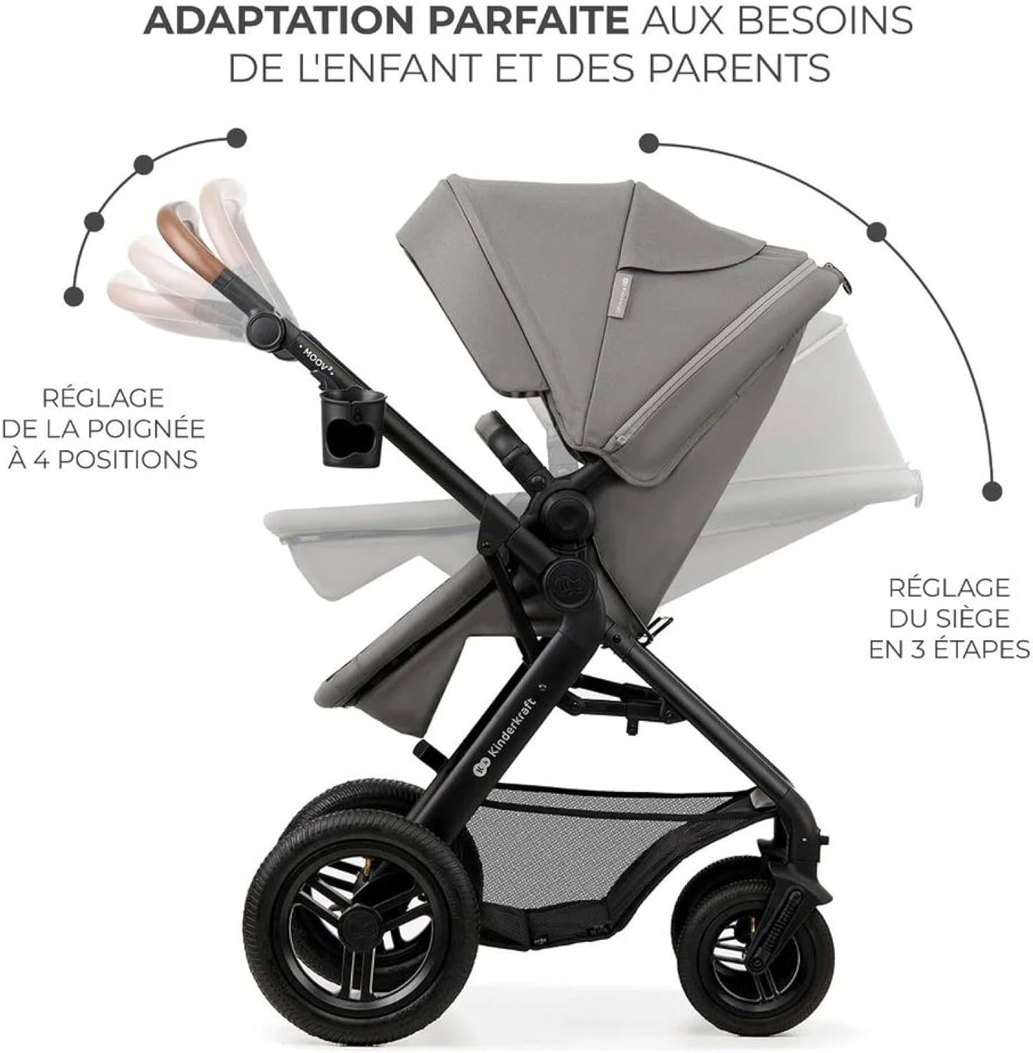 Kinderkraft MOOV2 Silla de Coche 3 en 1, EVA, Mink PRO I-Size, Sistema de Viaje, Cochecito para Bebé, Silla de Paseo, Plegable, para Recién Nacido, Desde el Nacimiento hasta los 3 Años, Gris