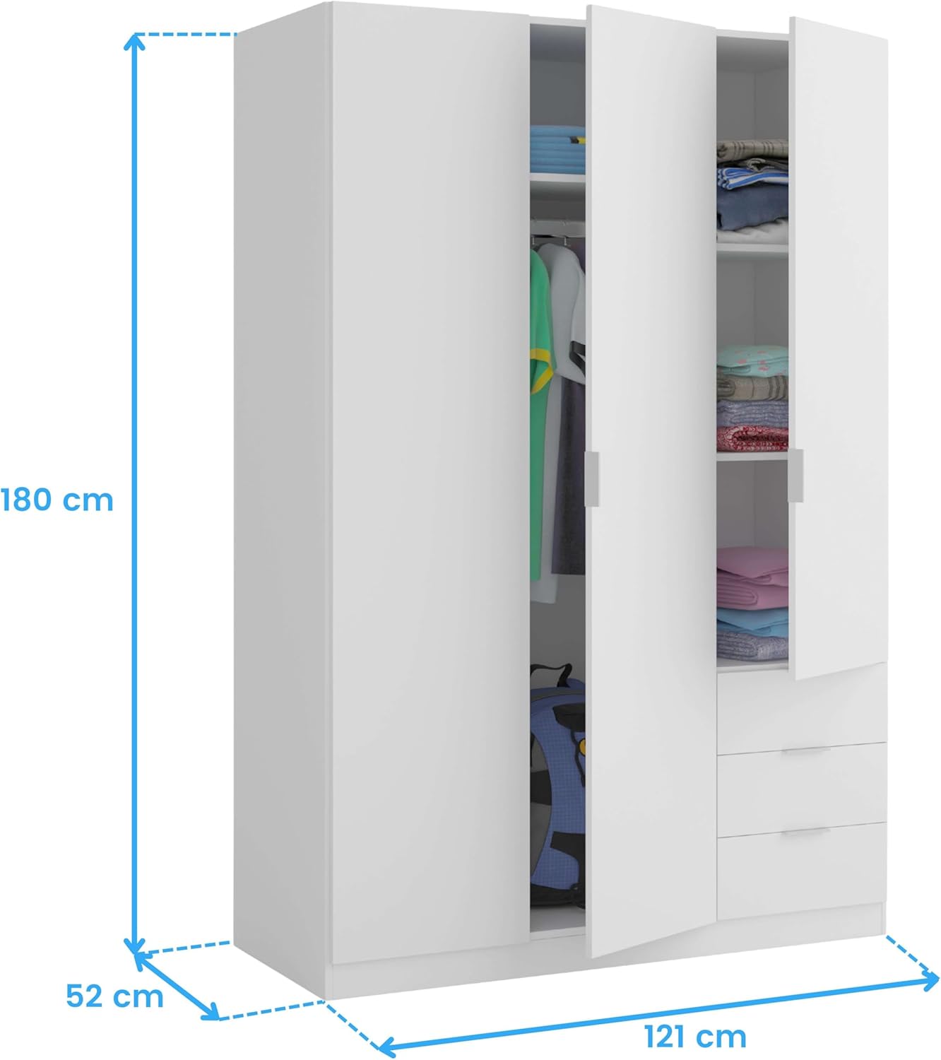 Habitdesign Three Door and Three Drawer Wardrobe Closet, Artic White Finish, Measurements: 121 cm (W) x 180 cm (H) x 52 cm (D)
