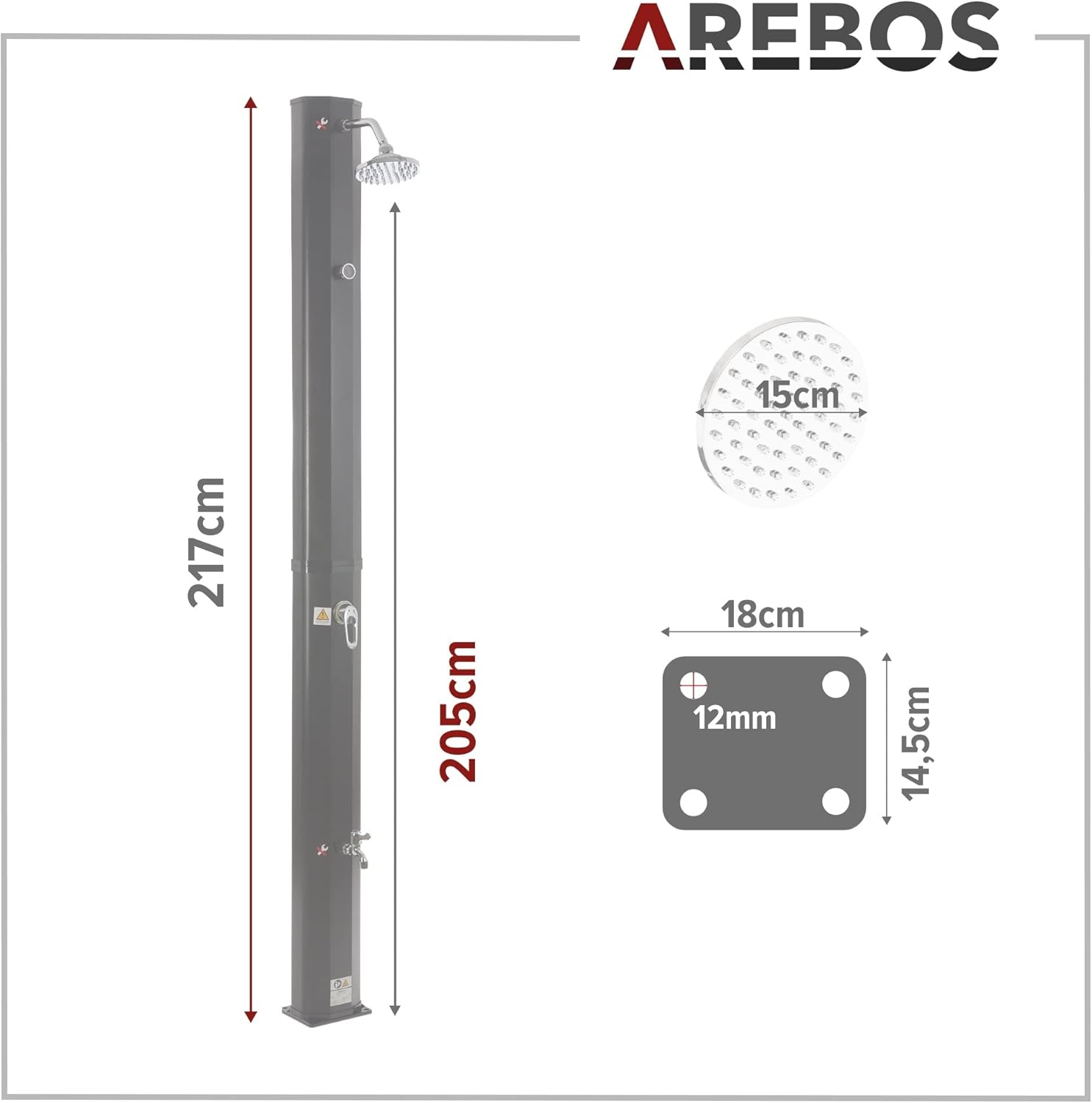 Arebos Ducha Solar | 35 litros | 216cm | con termómetro Integrado | Incl.Portada | Cabezal de Ducha Redondo | con Ducha de pies | Ducha de jardín con conexión para Manguera de jardín | Negro