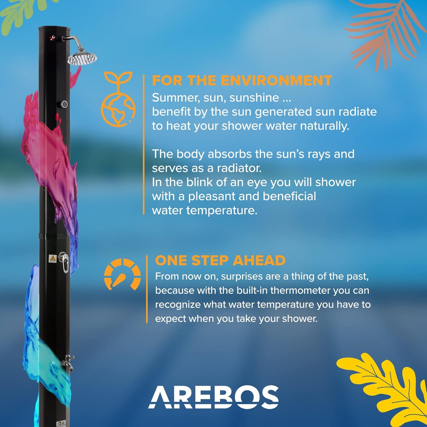 Arebos Ducha Solar | 35 litros | 216cm | con termómetro Integrado | Incl.Portada | Cabezal de Ducha Redondo | con Ducha de pies | Ducha de jardín con conexión para Manguera de jardín | Negro