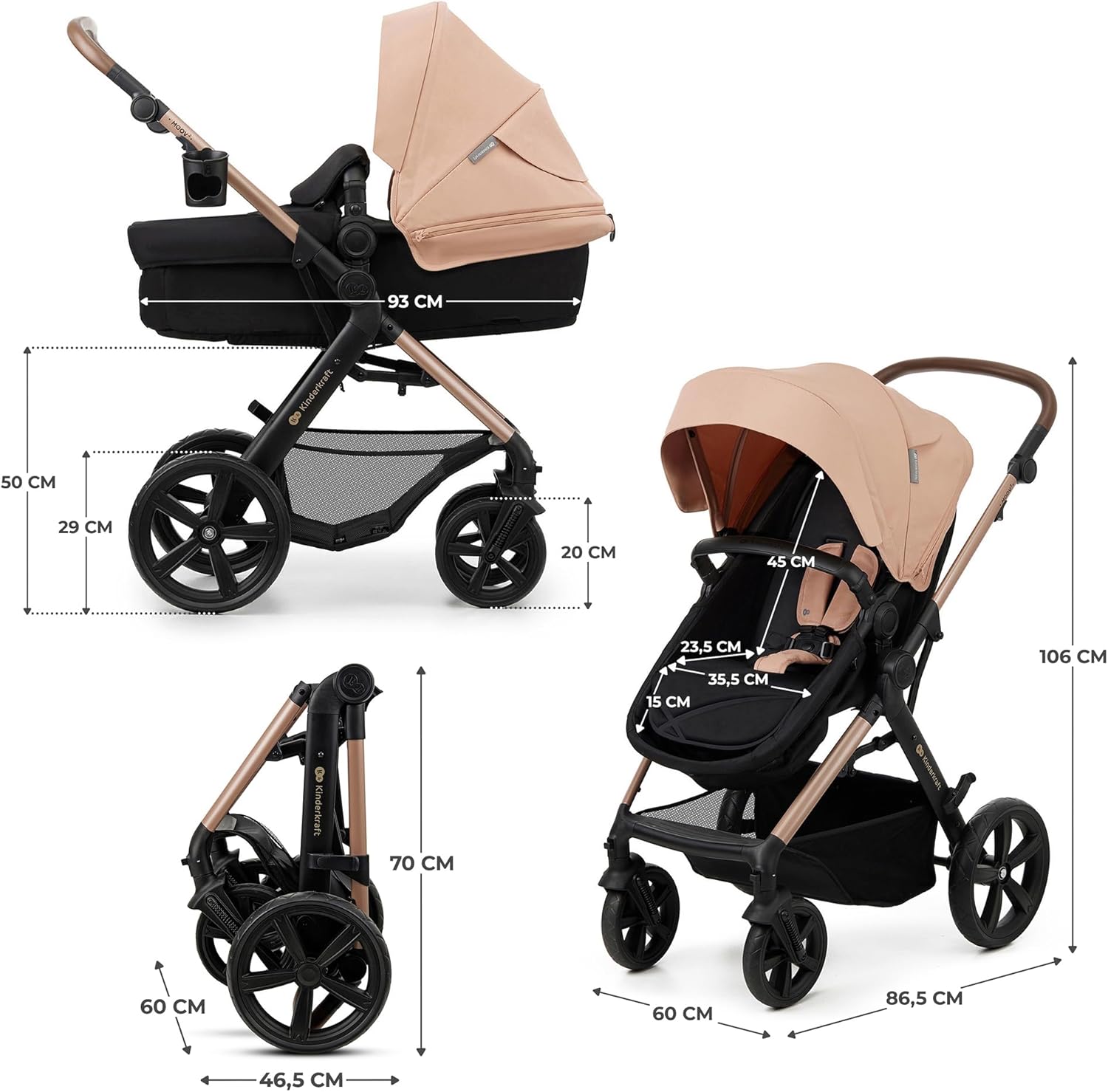 Kinderkraft MOOV2 Silla de Coche 3 en 1, EVA, Mink PRO I-Size, Sistema de Viaje, Cochecito para Bebé, Silla de Paseo, Plegable, para Recién Nacido, Desde el Nacimiento hasta los 3 Años, Gris