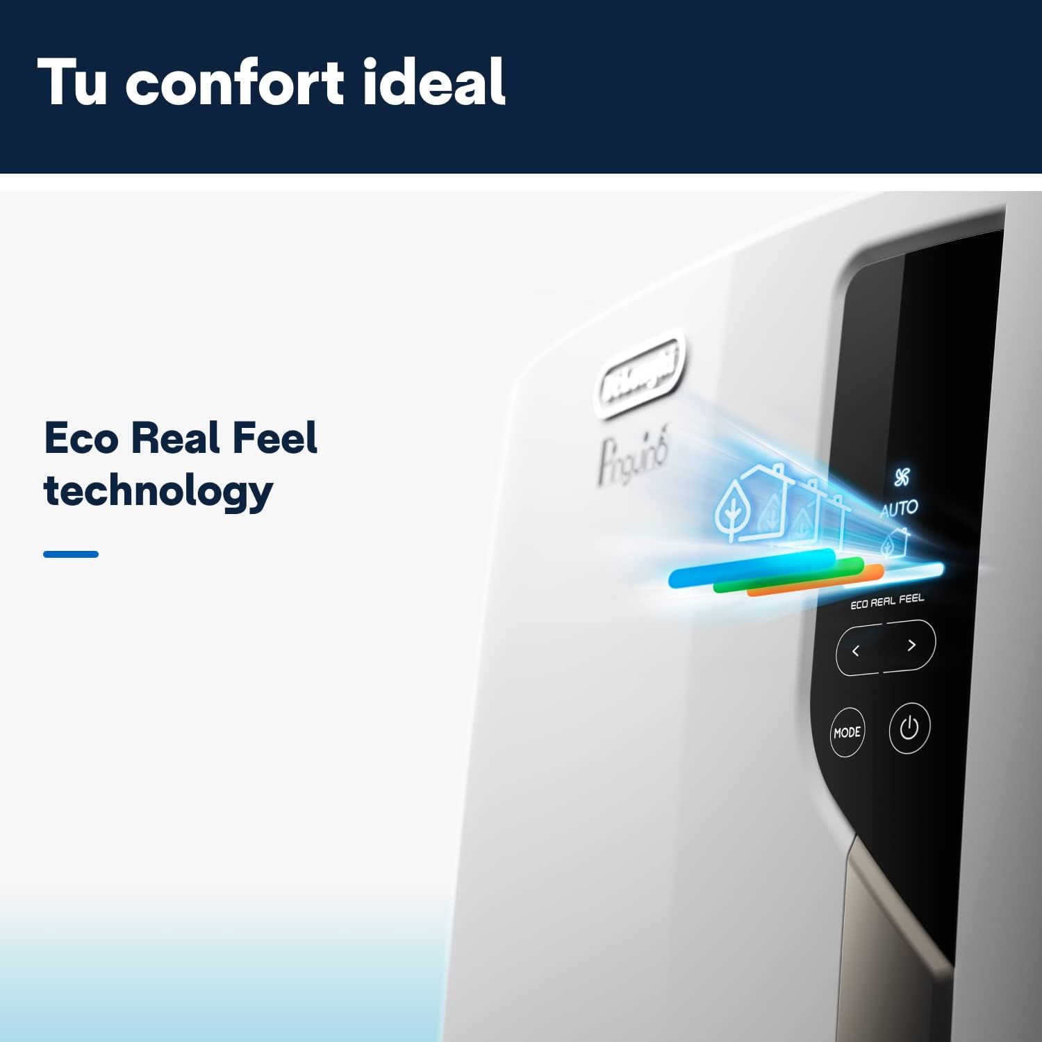 Pingüino PACEL98 ECO Silent Aire Acondicionado Portátil Silencioso con Tecnología Eco Real Feel, Interfaz Digital, Función Deshumidificadora, 2.7 kW, 64 dB, Plástico, Blanco, Clasa A, 100m3