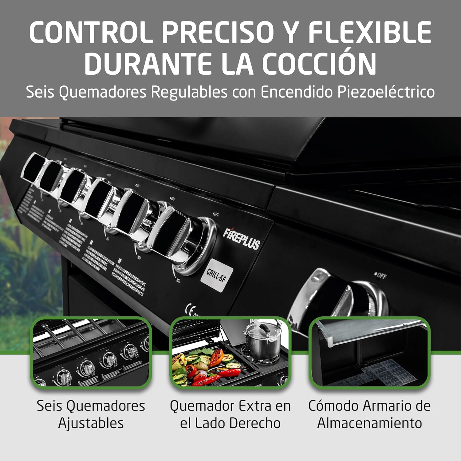 Barbacoa de gas Fireplus 6+1 de 12,9 kW - Acero inoxidable Negro - Parrilla con ruedas Modelo GRILL-6F - Barbacoa XXL con carro y termómetro - 138x52x103 cm - 7 quemadores y Bandeja lateral
