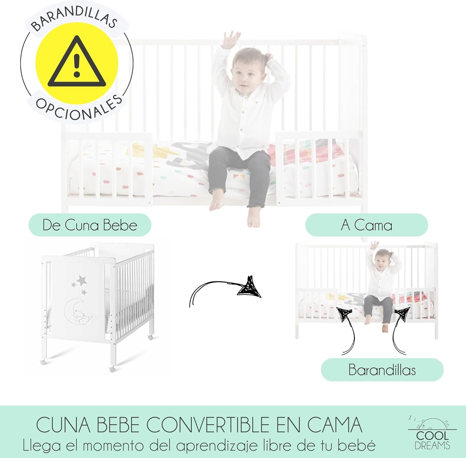 Cuna Colecho de Bebe, Kit para Unir la Cuna con la Cama, Colchón HR Morfeo Certificado Oeko-Tex® y CertiPUR, 4 Ruedas, Sábana Bajera y Encimera de Algodón Natural. Indi CoolDreams CoolDreams