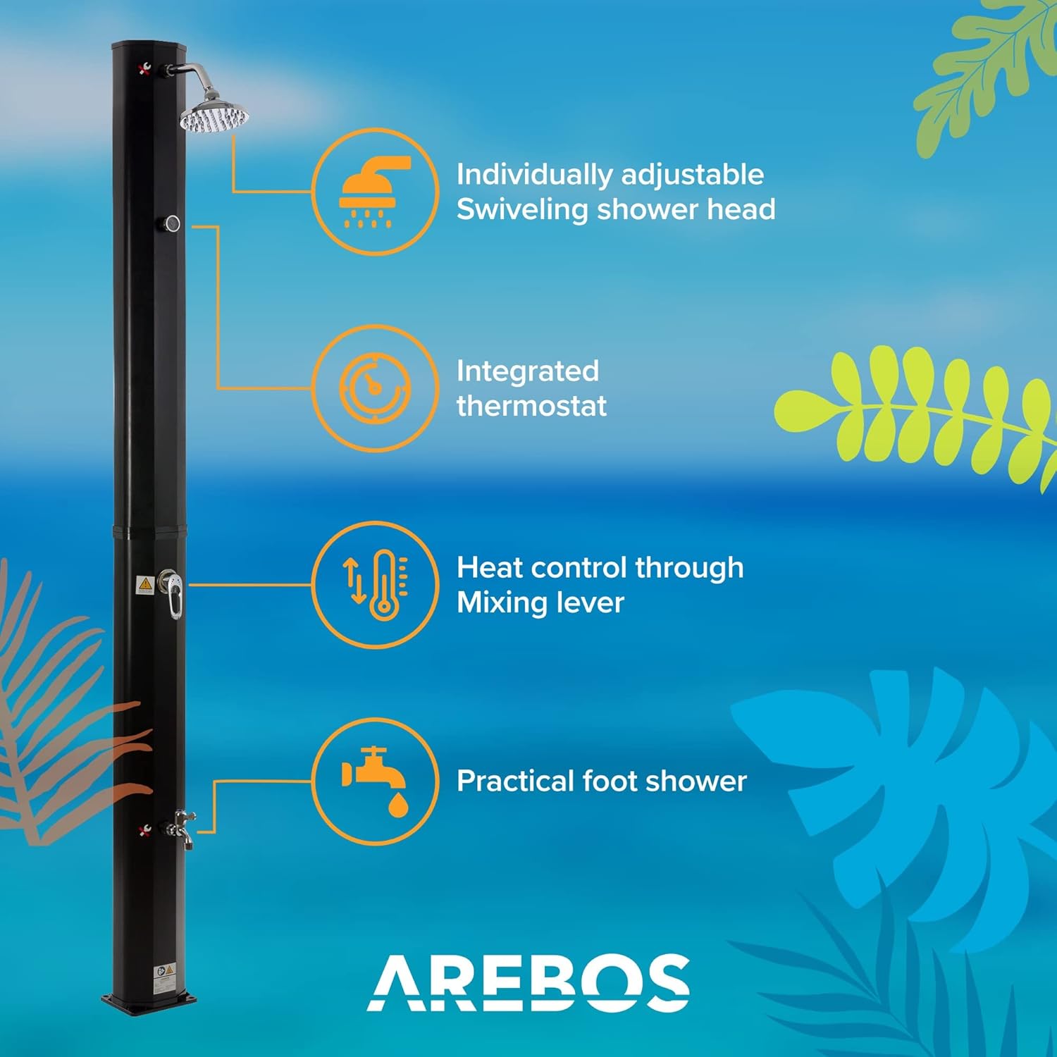 Arebos Ducha Solar | 35 litros | 216cm | con termómetro Integrado | Incl.Portada | Cabezal de Ducha Redondo | con Ducha de pies | Ducha de jardín con conexión para Manguera de jardín | Negro