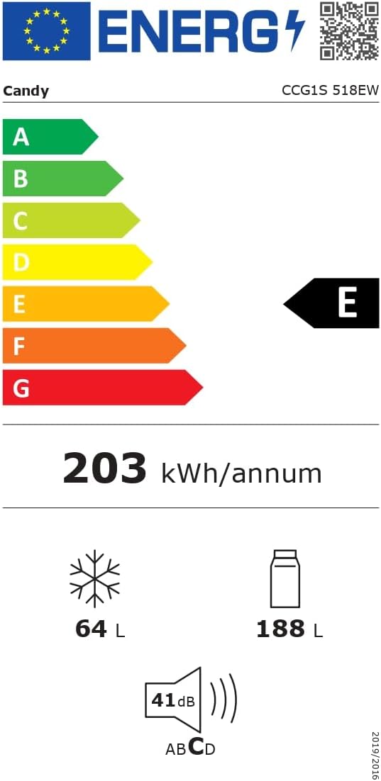 Candy CCG1S 518EW - Frigorífico Combi, Ancho 55cm, Altura 1,80m, 252L, Cajón Verdulero, Control Mecánico de la temperatura, Iluminación LED, Puerta Reversible, 41DB, Blanco