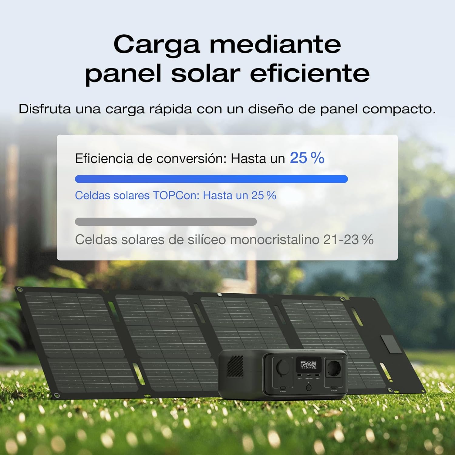 Estación de energía portátil EF EcoFlow RIVER 3 con panel solar 45 W, batería LFP 245 Wh, salida 600 W, eficiencia con GaN que duplica la duración, SAI en