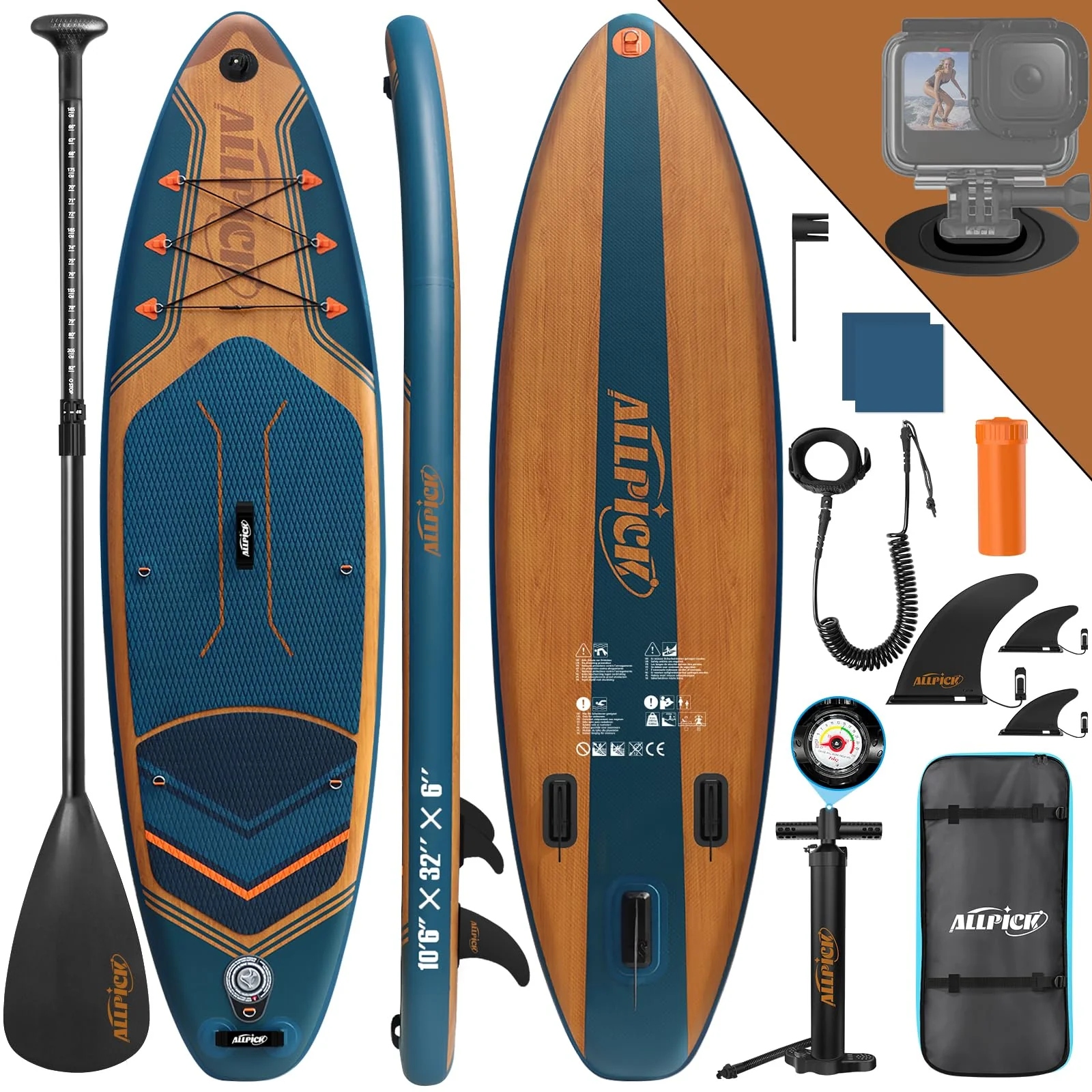 2025 Tabla de Paddle Surf Inflable ALLPICK Premium, Azul Marino – Tabla SUP con Soporte Universal para Cámara, Accesorios Completos, Remo Ajustable, para Principiantes y Avanzados, Capacidad 180 kg