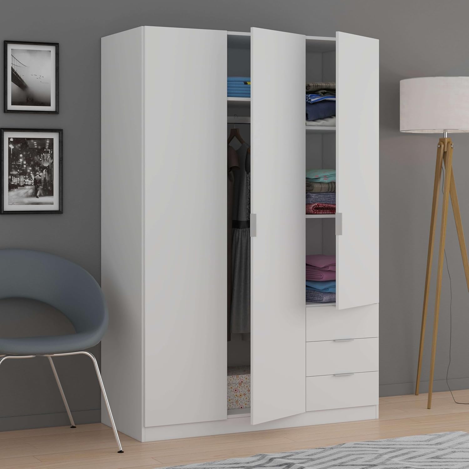 Habitdesign Three Door and Three Drawer Wardrobe Closet, Artic White Finish, Measurements: 121 cm (W) x 180 cm (H) x 52 cm (D)