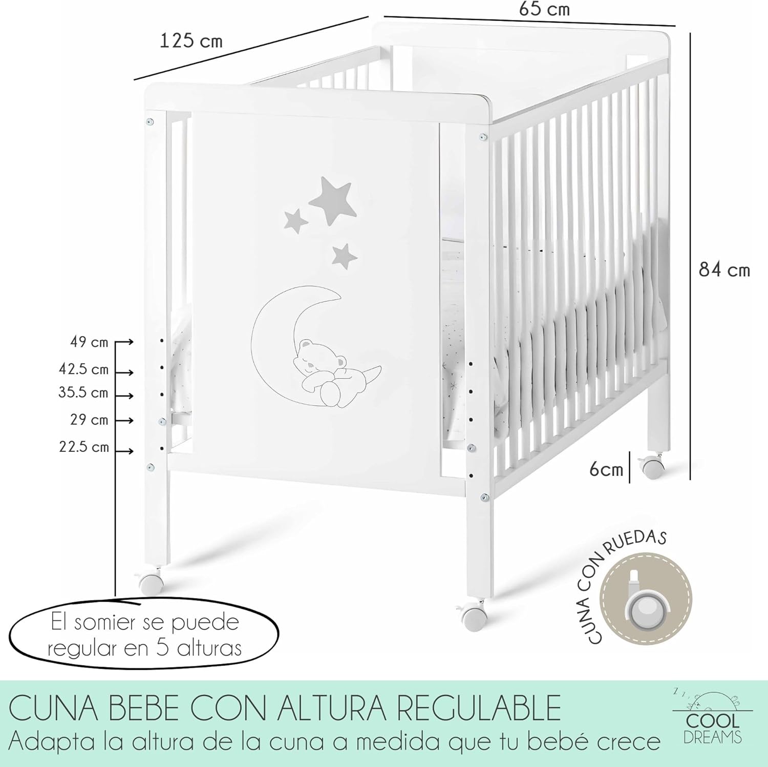 Cuna Colecho de Bebe, Kit para Unir la Cuna con la Cama, Colchón HR Morfeo Certificado Oeko-Tex® y CertiPUR, 4 Ruedas, Sábana Bajera y Encimera de Algodón Natural. Indi CoolDreams CoolDreams