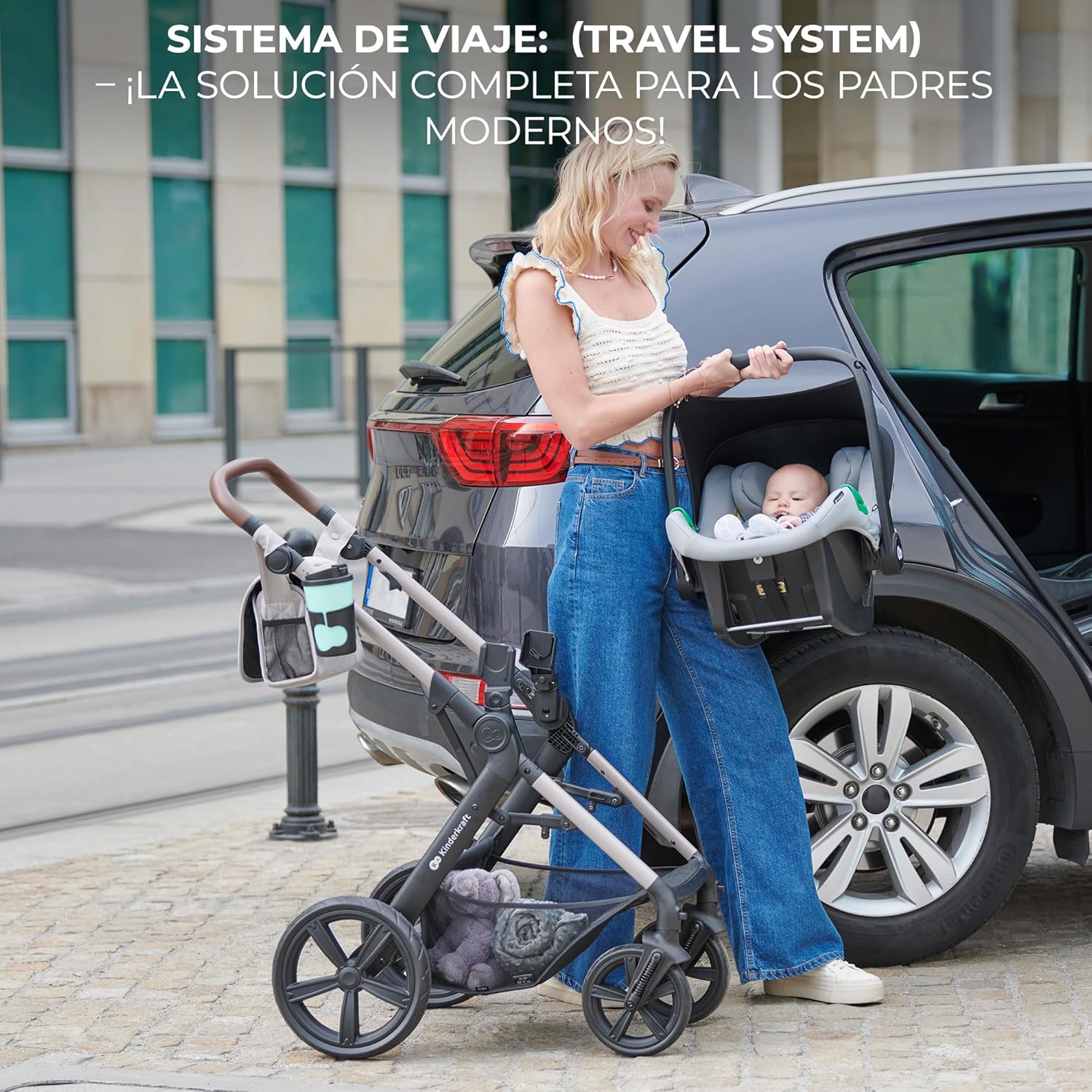 Kinderkraft MOOV2 Silla de Coche 3 en 1, EVA, Mink PRO I-Size, Sistema de Viaje, Cochecito para Bebé, Silla de Paseo, Plegable, para Recién Nacido, Desde el Nacimiento hasta los 3 Años, Gris