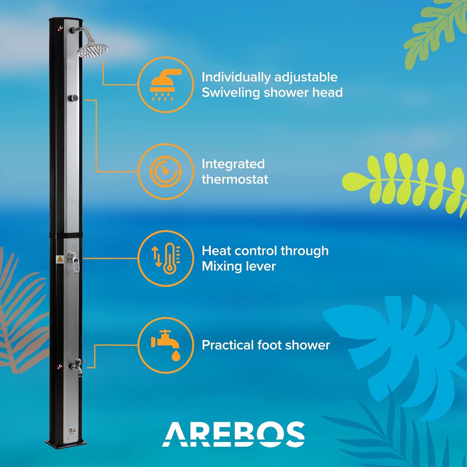 Arebos Ducha Solar | 35 litros | 216cm | con termómetro Integrado | Incl.Portada | Cabezal de Ducha Redondo | con Ducha de pies | Ducha de jardín con conexión para Manguera de jardín | Negro