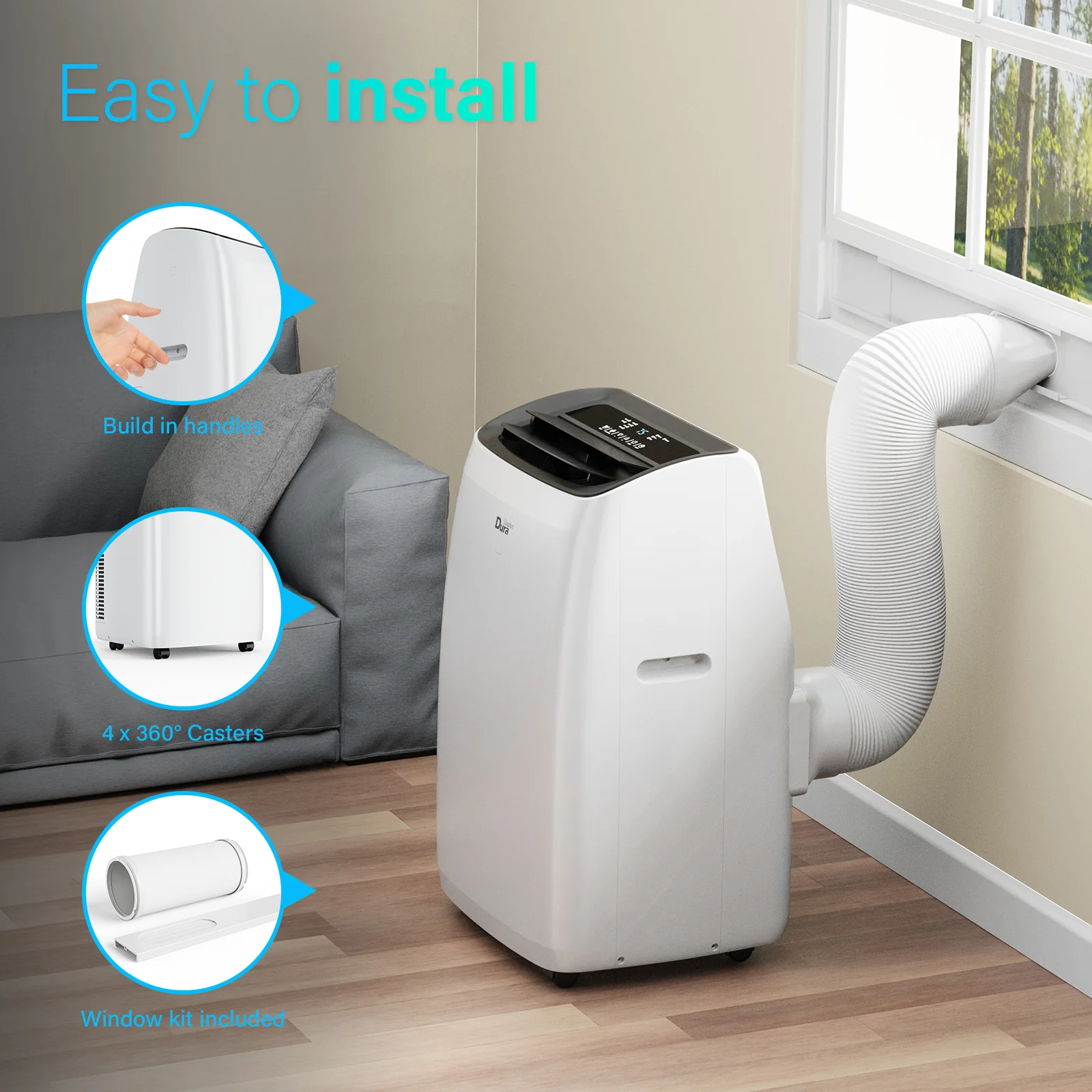 2025 Aire acondicionado portátil DuraComfort – Aire acondicionado, calefacción, deshumidificador y ventilador – 14,000 BTU (ASHRAE) / 10,400 BTU (SACC) – Hasta 450 pies² – Blanco