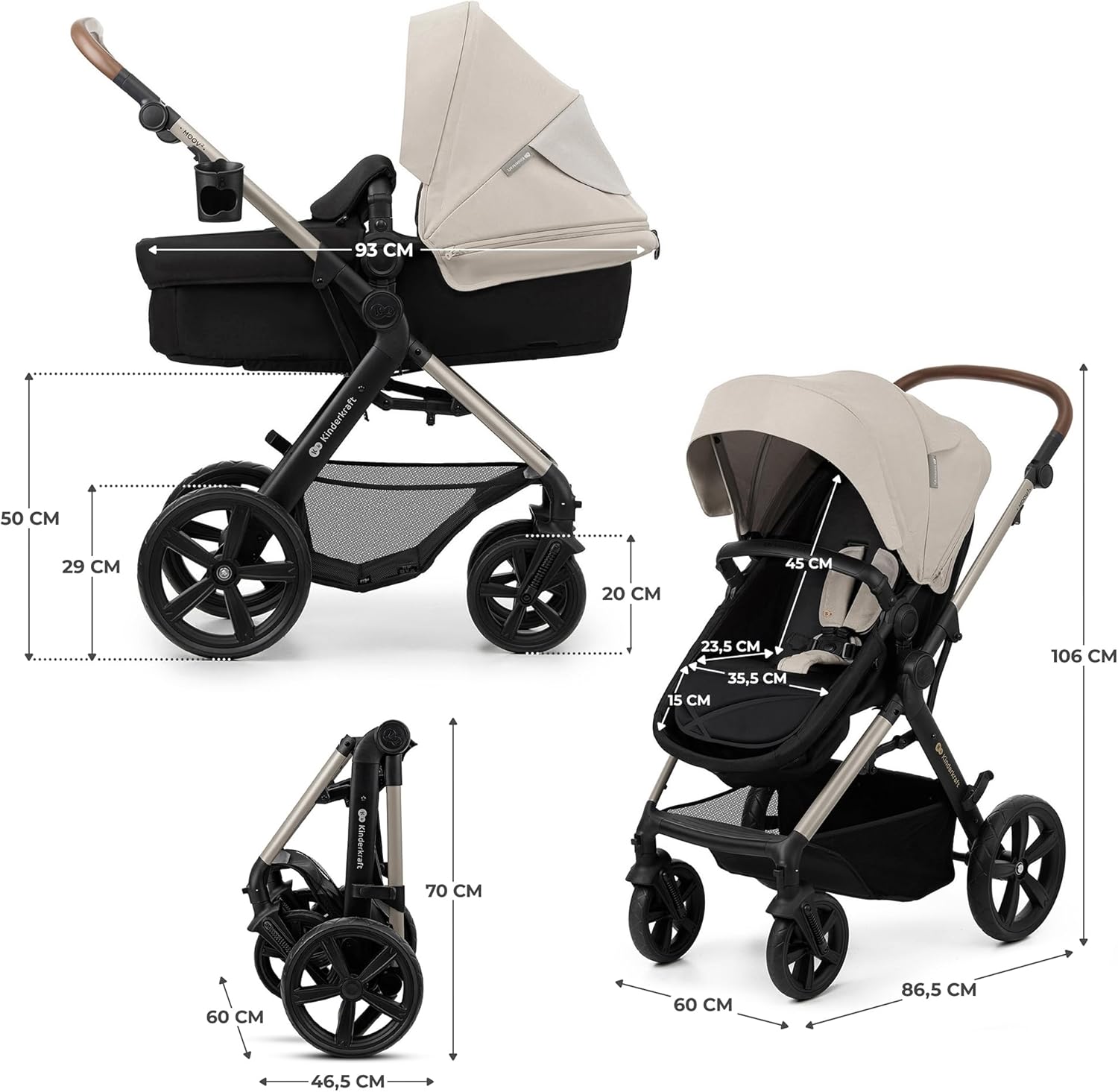 Kinderkraft MOOV2 Silla de Coche 3 en 1, EVA, Mink PRO I-Size, Sistema de Viaje, Cochecito para Bebé, Silla de Paseo, Plegable, para Recién Nacido, Desde el Nacimiento hasta los 3 Años, Gris