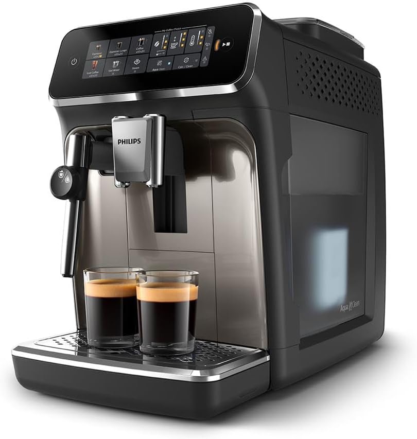 Serie 3300 Cafetera Superautomática, Espumador de leche clásico, 5 tipos de café, SilentBrew, Molinillo Cerámico, pantalla táctil, cromo negro (EP3326/90)