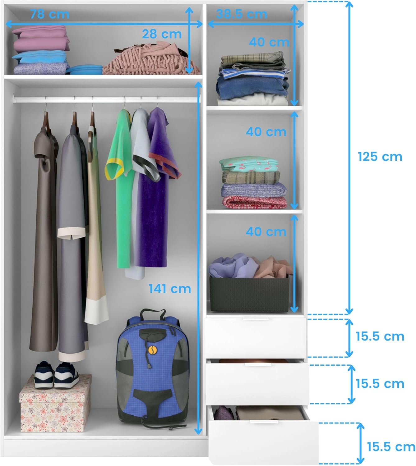 Habitdesign Three Door and Three Drawer Wardrobe Closet, Artic White Finish, Measurements: 121 cm (W) x 180 cm (H) x 52 cm (D)