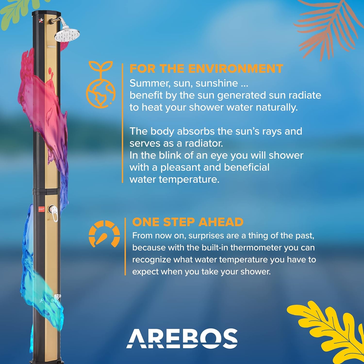 Arebos Ducha Solar | 35 litros | 216cm | con termómetro Integrado | Incl.Portada | Cabezal de Ducha Redondo | con Ducha de pies | Ducha de jardín con conexión para Manguera de jardín | Negro