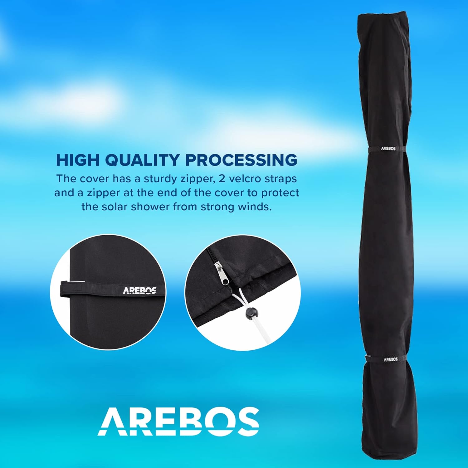 Arebos Ducha Solar | 35 litros | 216cm | con termómetro Integrado | Incl.Portada | Cabezal de Ducha Redondo | con Ducha de pies | Ducha de jardín con conexión para Manguera de jardín | Negro