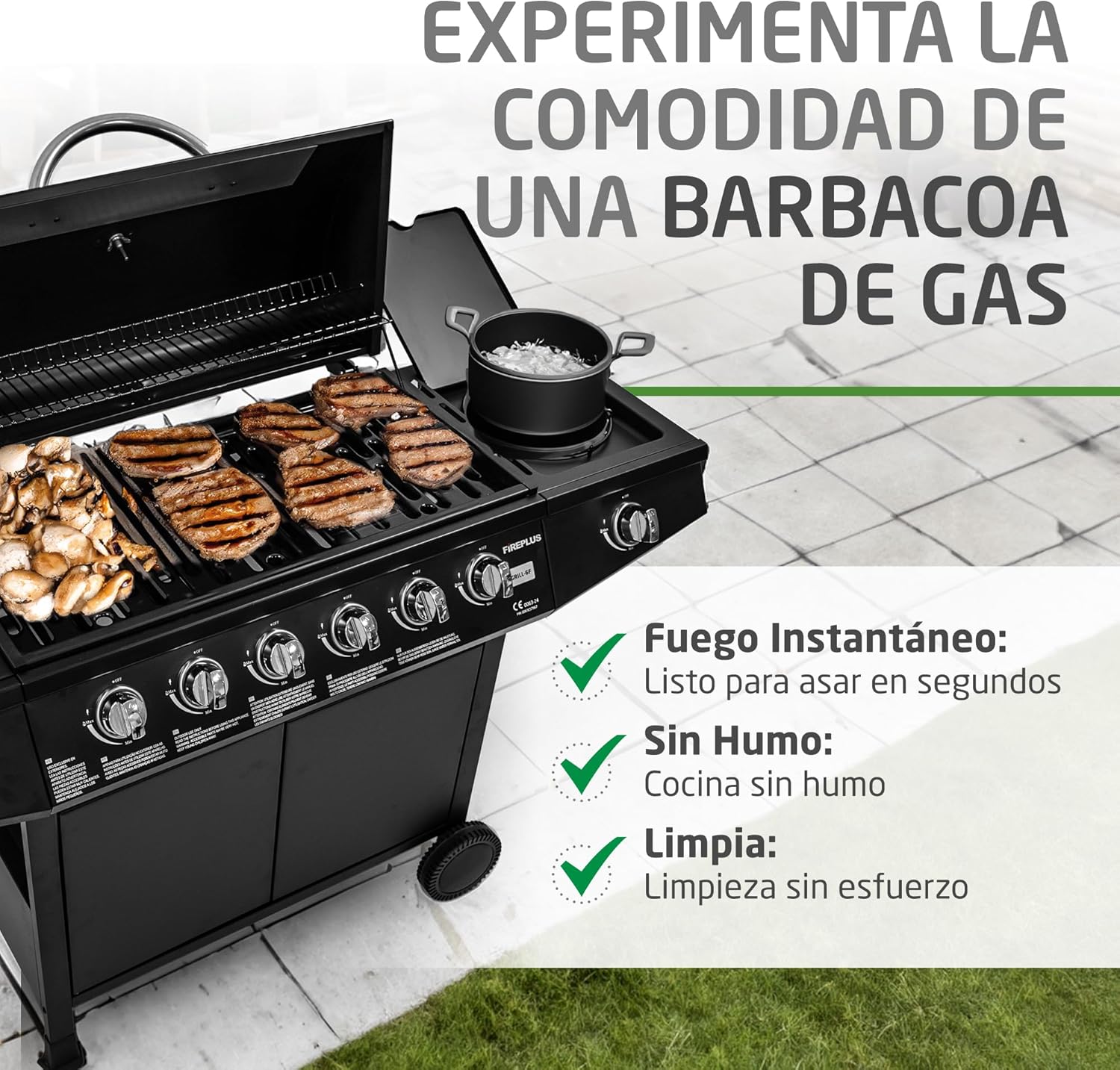Barbacoa de gas Fireplus 6+1 de 12,9 kW - Acero inoxidable Negro - Parrilla con ruedas Modelo GRILL-6F - Barbacoa XXL con carro y termómetro - 138x52x103 cm - 7 quemadores y Bandeja lateral