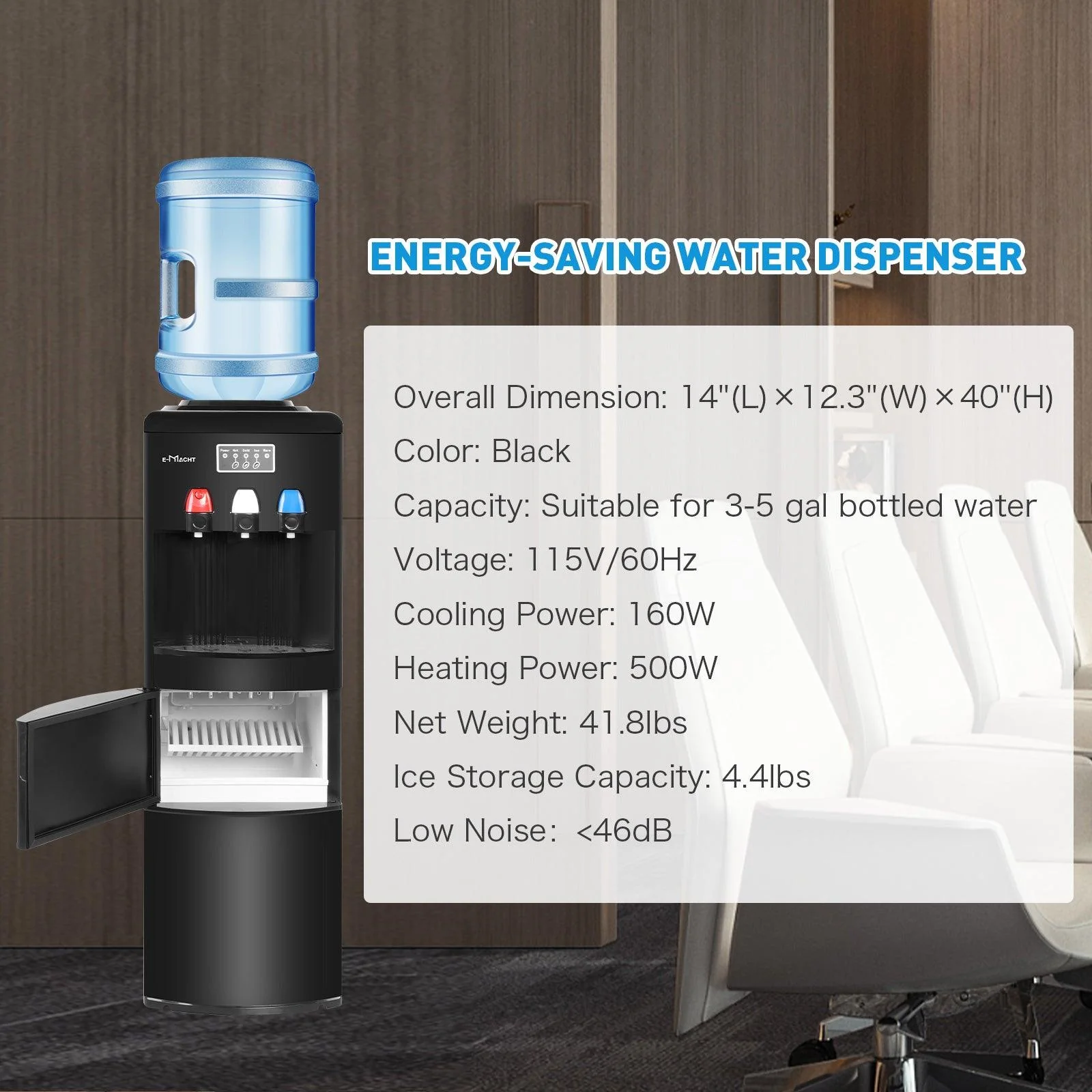 Dispensador de agua 2 en 1 con fábrica de hielo – Para botellas de 3 a 5 galones – Seguridad infantil – Negro