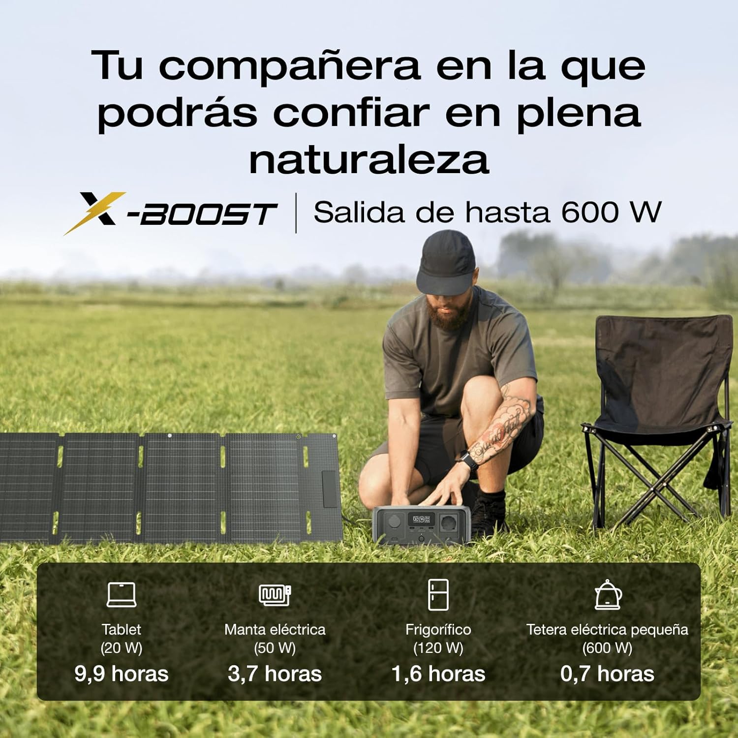 Estación de energía portátil EF EcoFlow RIVER 3 con panel solar 45 W, batería LFP 245 Wh, salida 600 W, eficiencia con GaN que duplica la duración, SAI en