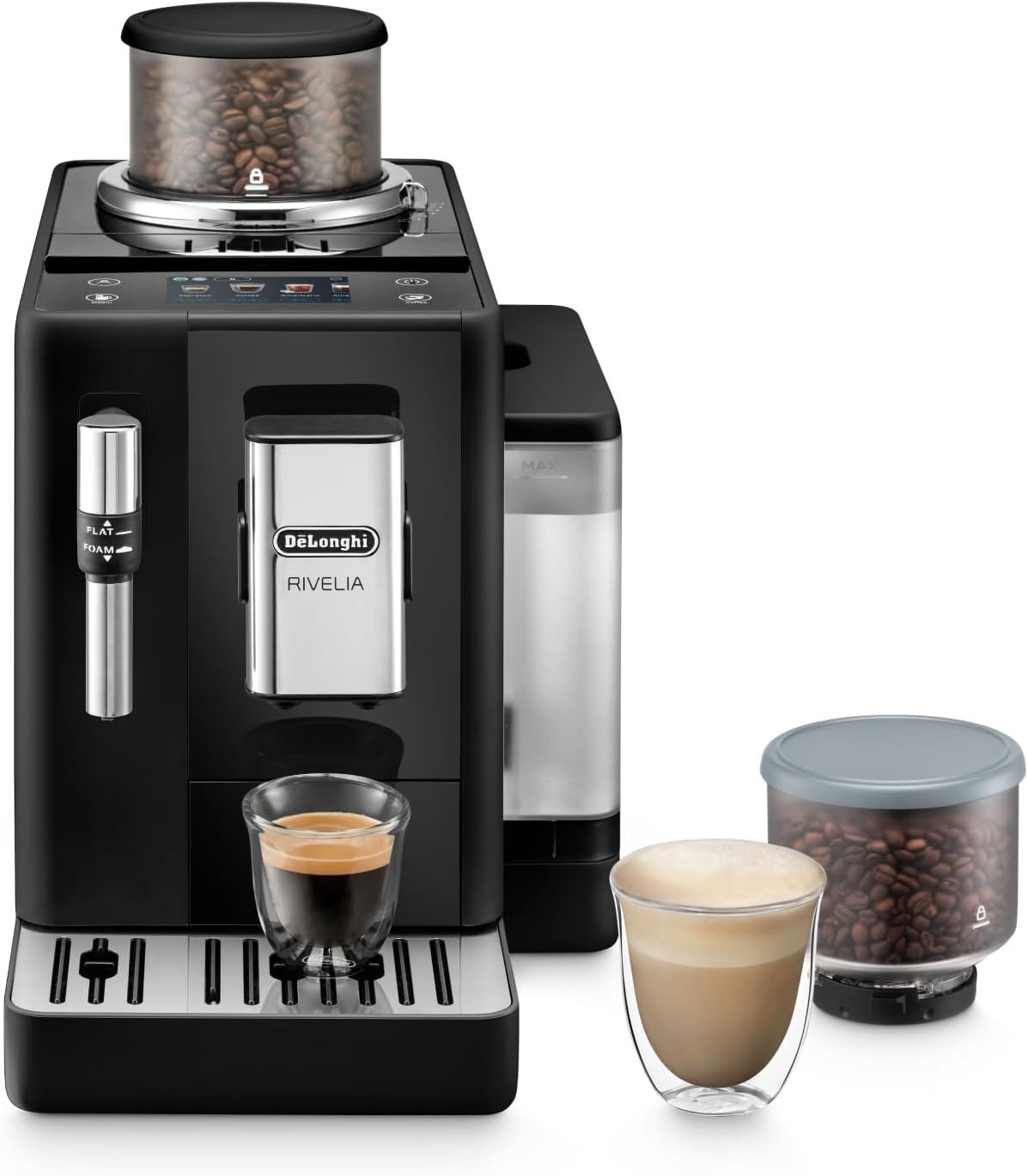 De'Longhi Rivelia EXAM440.55.G, Cafetera Superautomática con LatteCrema Hot, Espumador de Leche Automático, Tamaño Compacto, 16 Recetas, Pantalla Táctil a Color, Gris