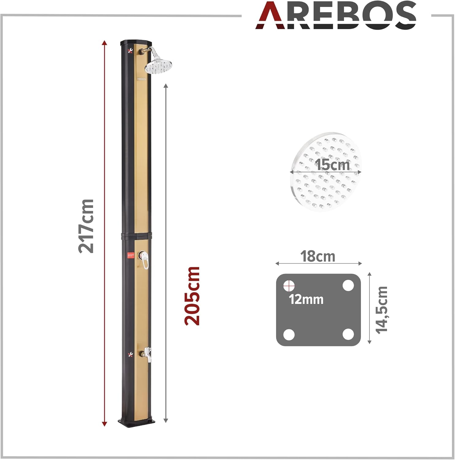 Arebos Ducha Solar | 35 litros | 216cm | con termómetro Integrado | Incl.Portada | Cabezal de Ducha Redondo | con Ducha de pies | Ducha de jardín con conexión para Manguera de jardín | Negro