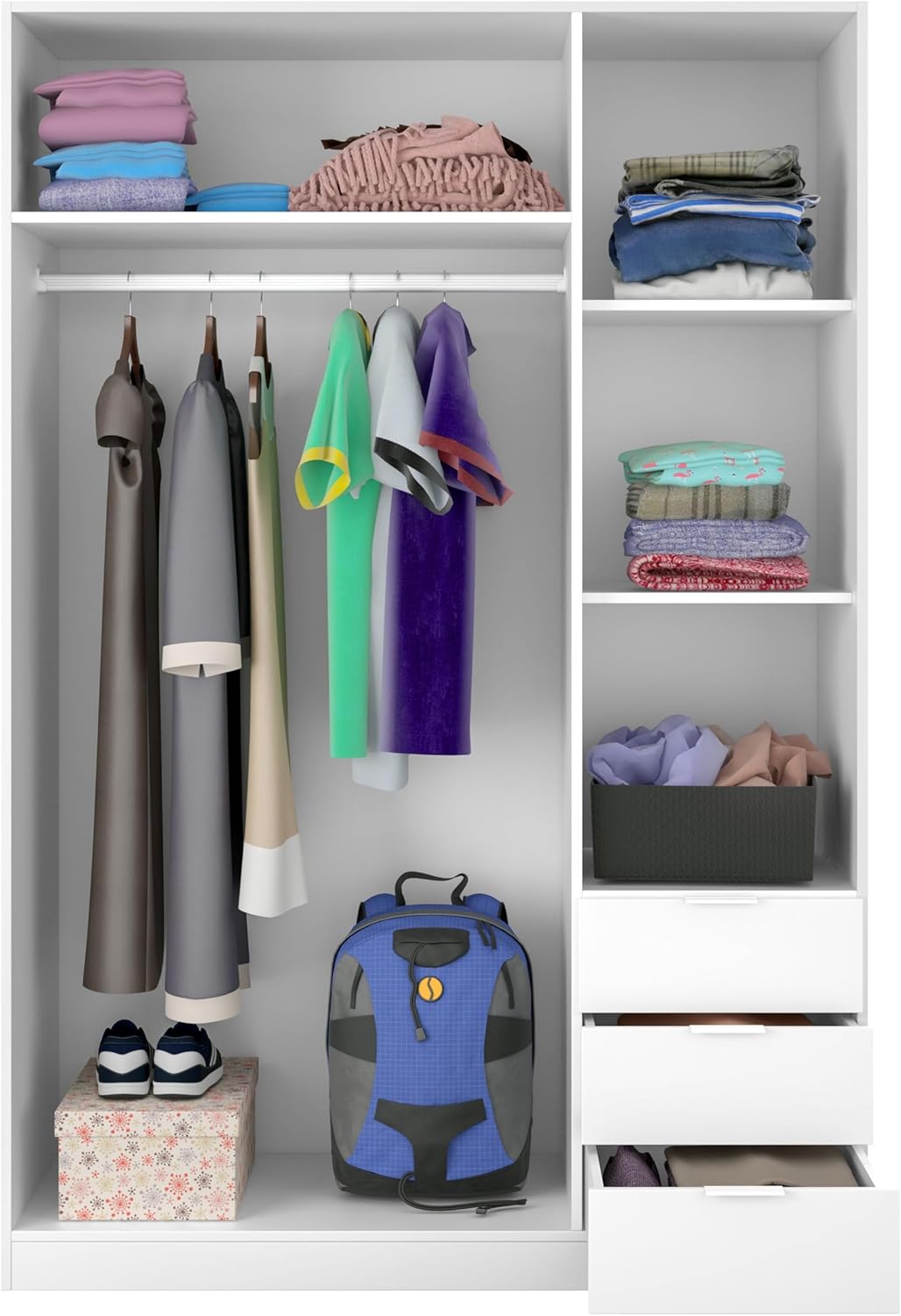 Habitdesign Three Door and Three Drawer Wardrobe Closet, Artic White Finish, Measurements: 121 cm (W) x 180 cm (H) x 52 cm (D)