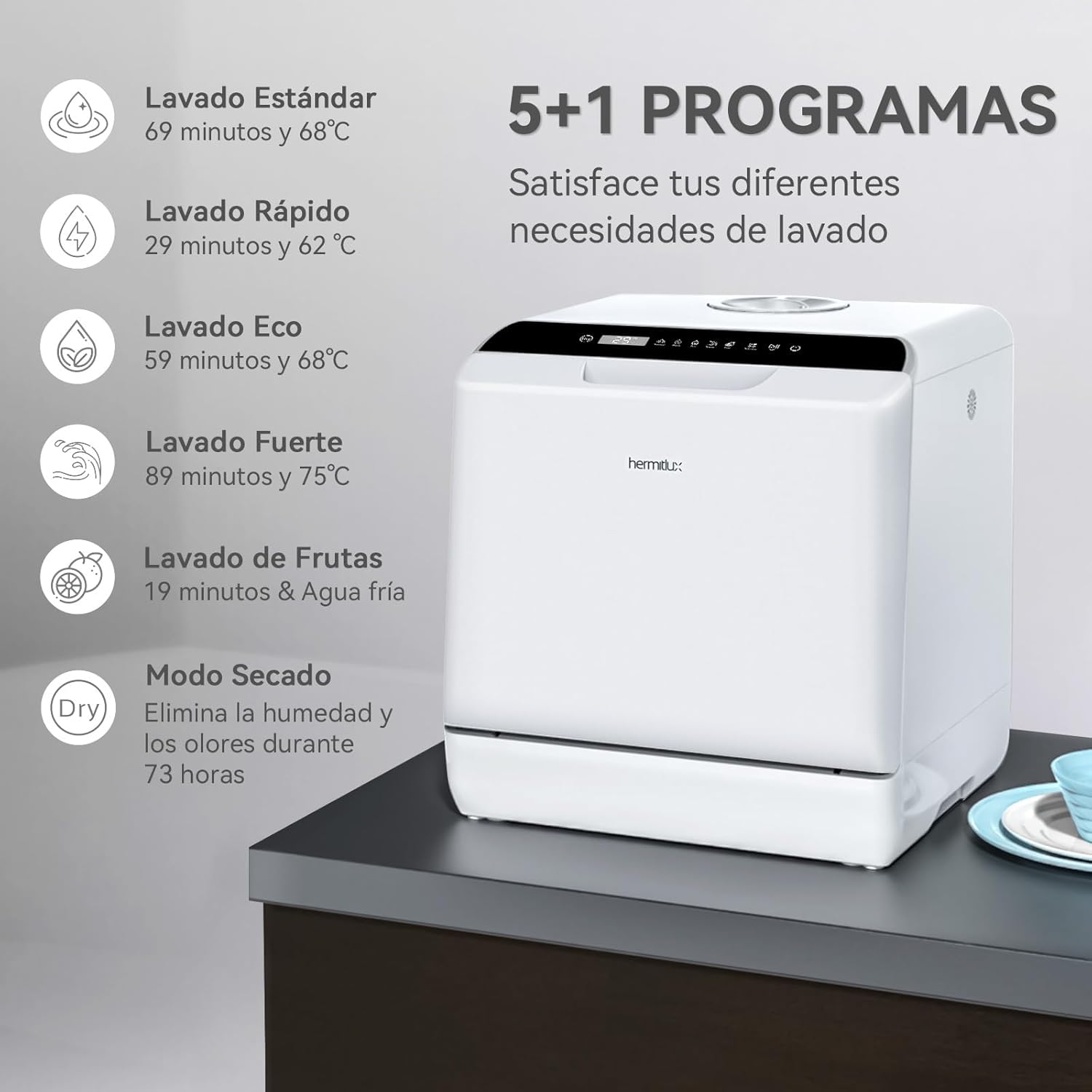 Mini lavavajillas compacto, para usar con o sin grifo, 43 cm de ancho, para 4 juegos, apto para camping, portatil, 175 kWh/año, Libre instalación, blanco