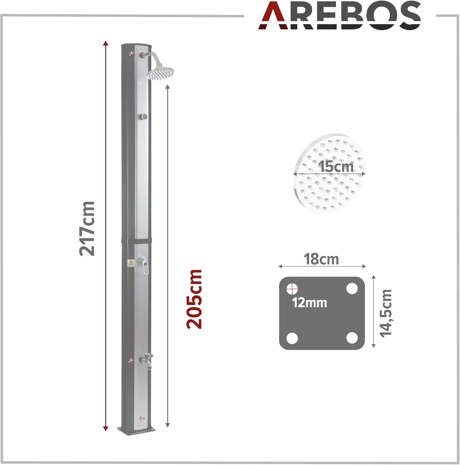 Arebos Ducha Solar | 35 litros | 216cm | con termómetro Integrado | Incl.Portada | Cabezal de Ducha Redondo | con Ducha de pies | Ducha de jardín con conexión para Manguera de jardín | Negro