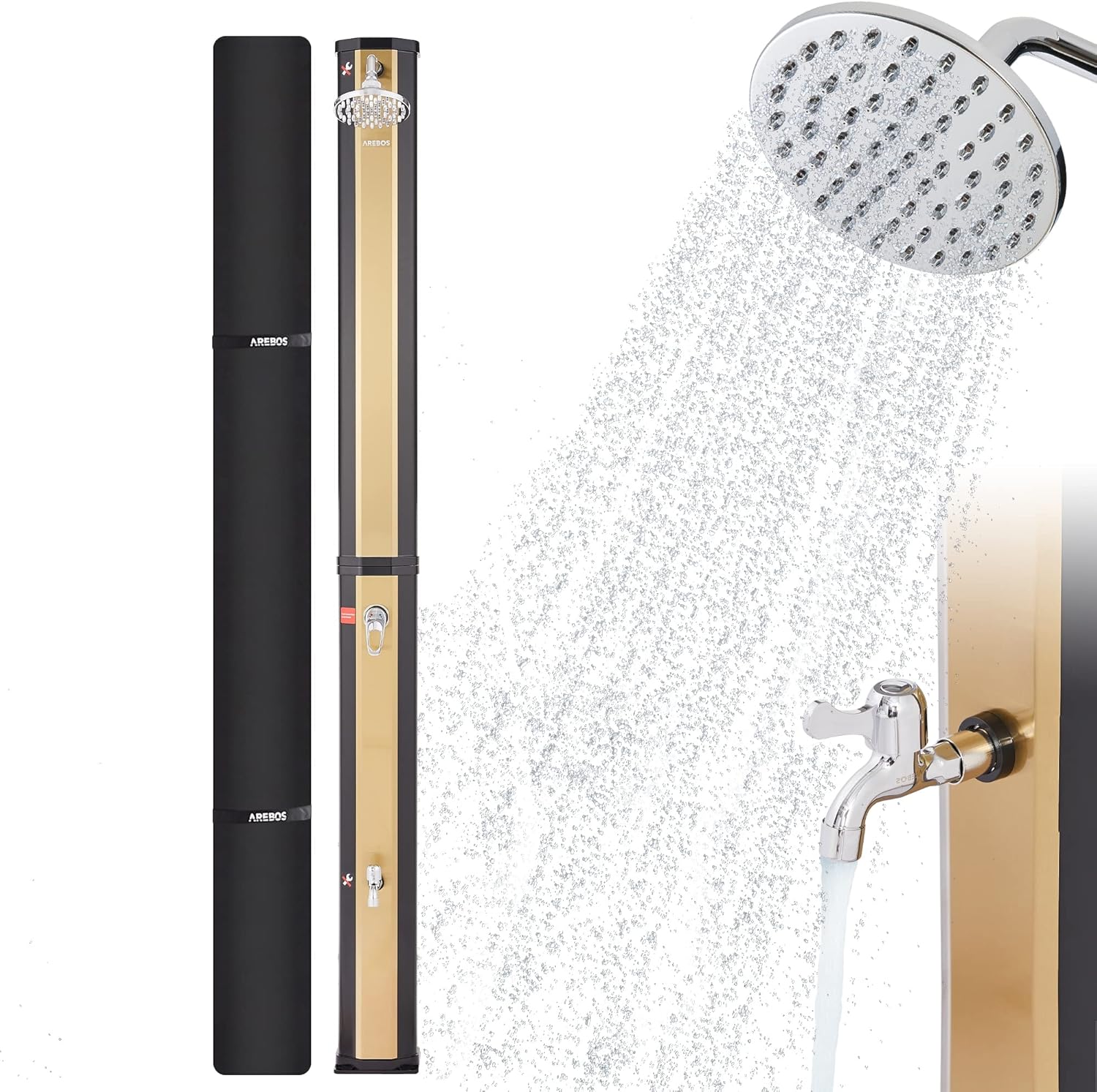 Arebos Ducha Solar | 35 litros | 216cm | con termómetro Integrado | Incl.Portada | Cabezal de Ducha Redondo | con Ducha de pies | Ducha de jardín con conexión para Manguera de jardín | Negro