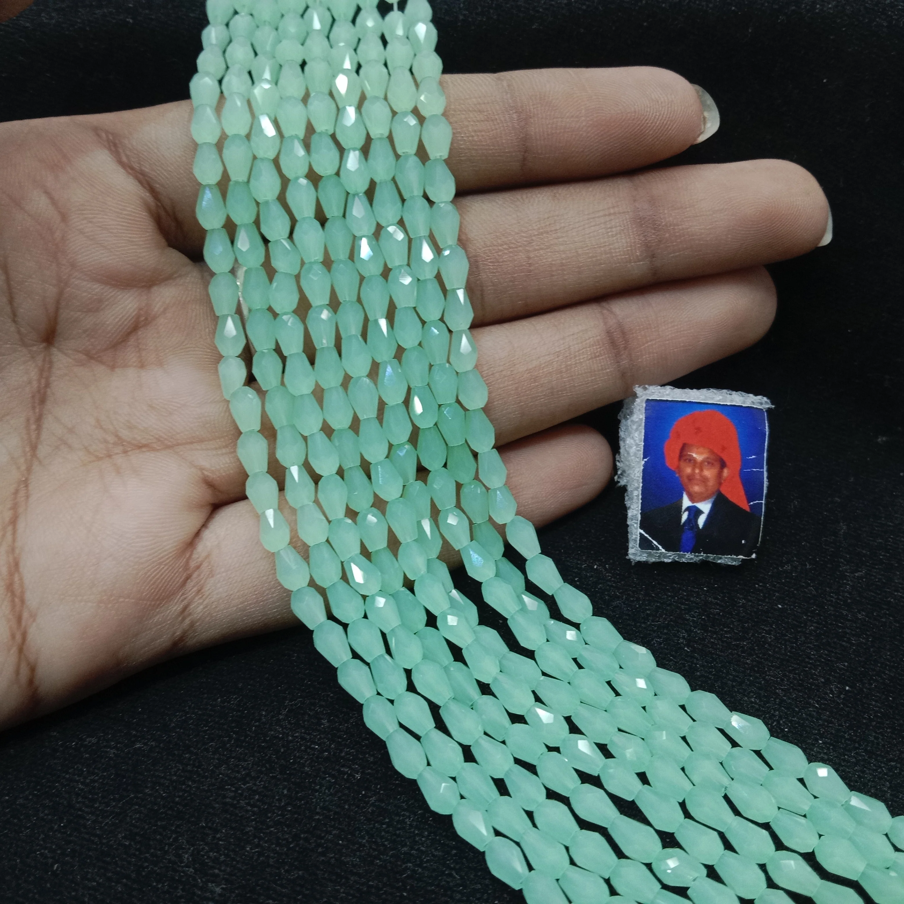 high quality light green small drop shape crystal beads 3x4mm 1 string