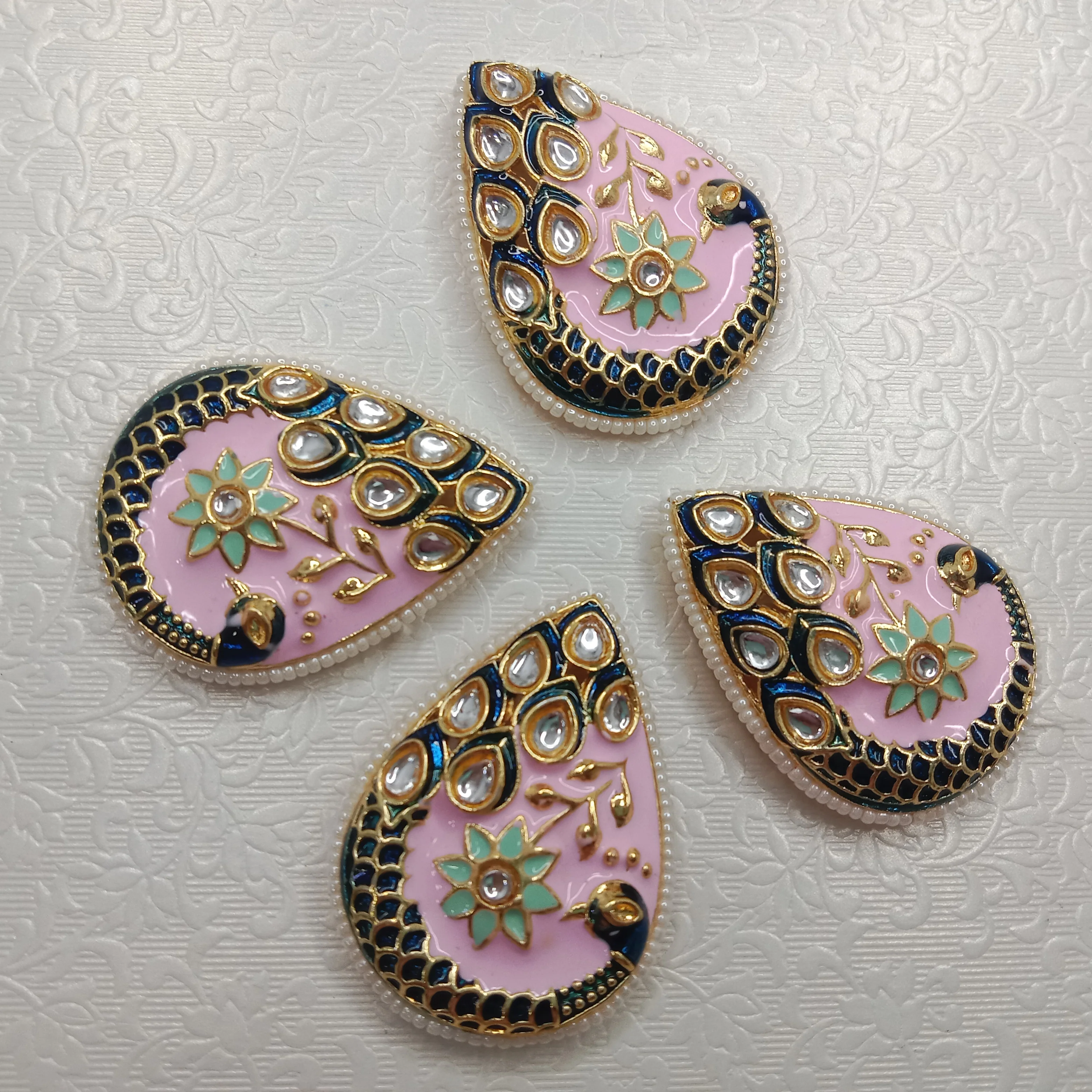 Meenakari peacock design kundan stone  pendant 4pcs