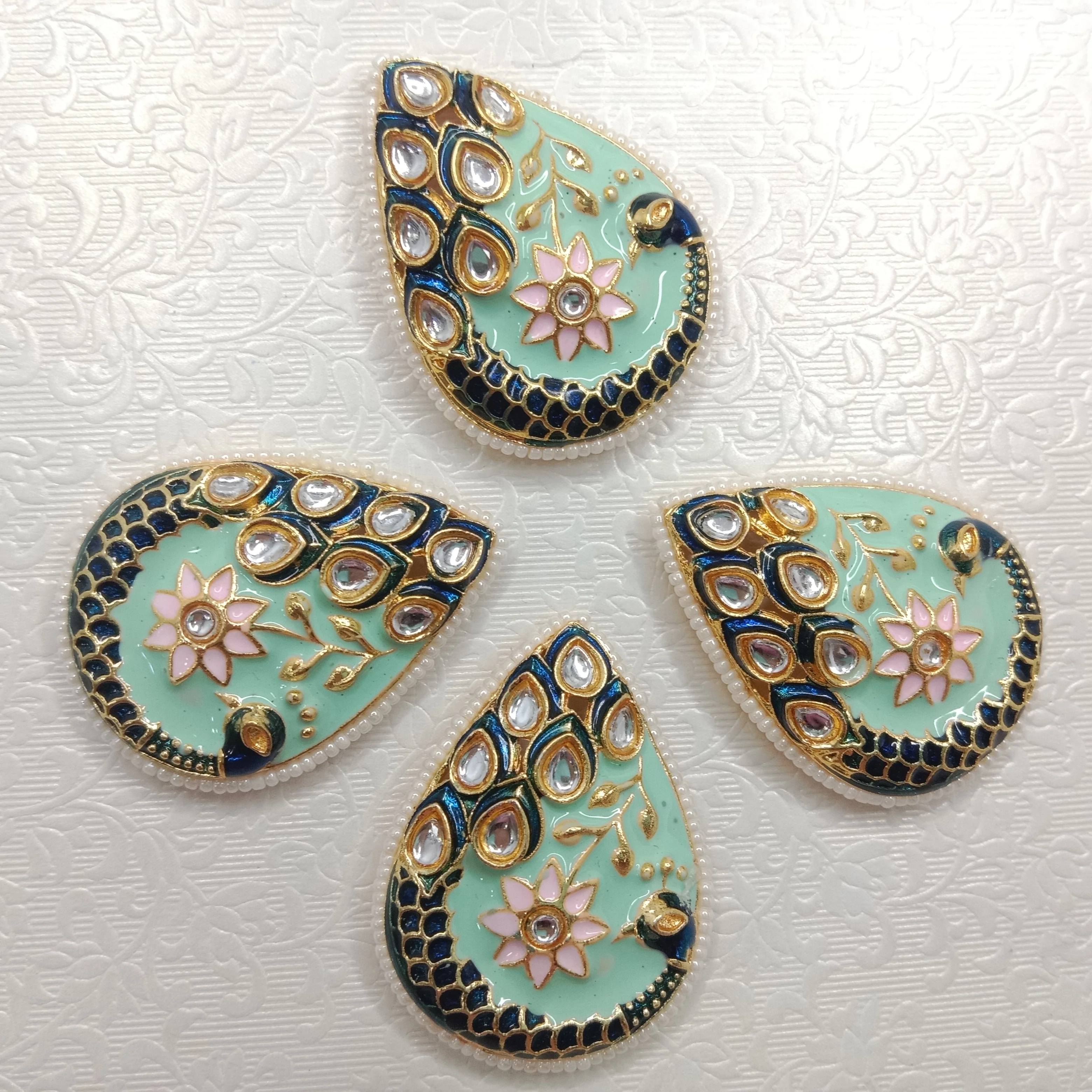 Meenakari peacock design kundan stone  pendant 4pcs