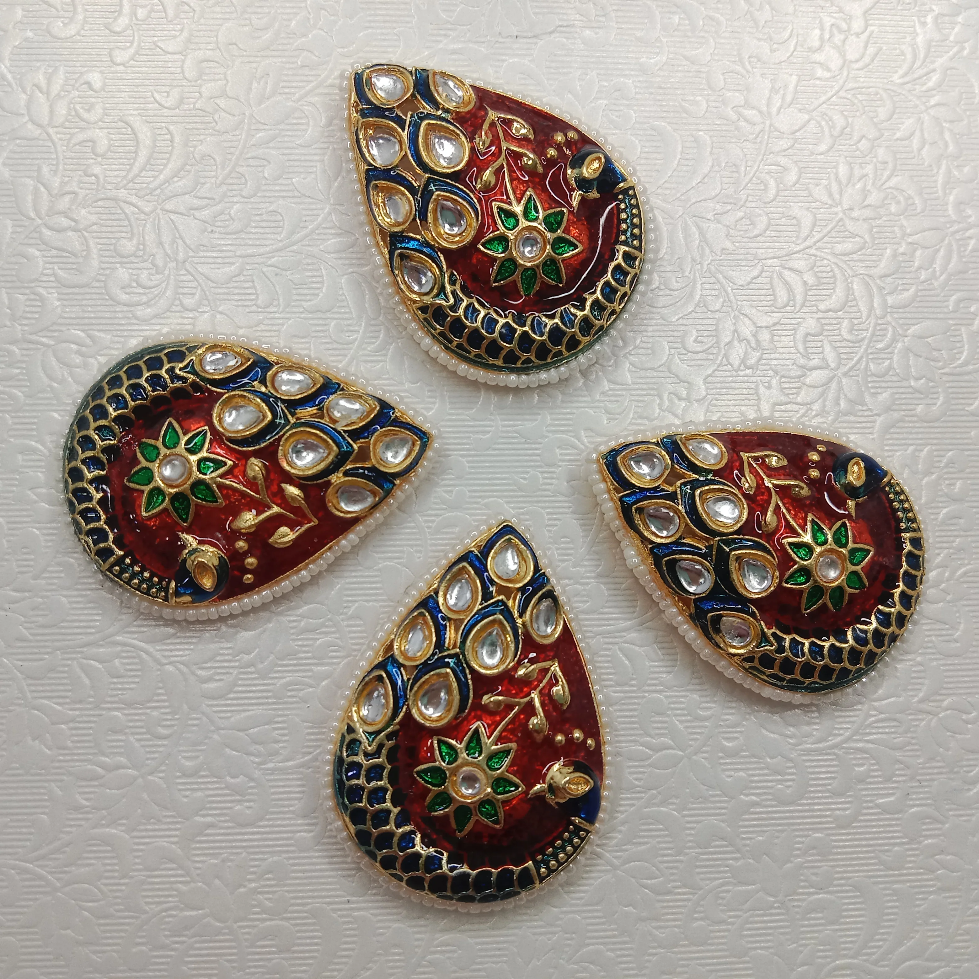 Meenakari peacock design kundan stone  pendant 4pcs