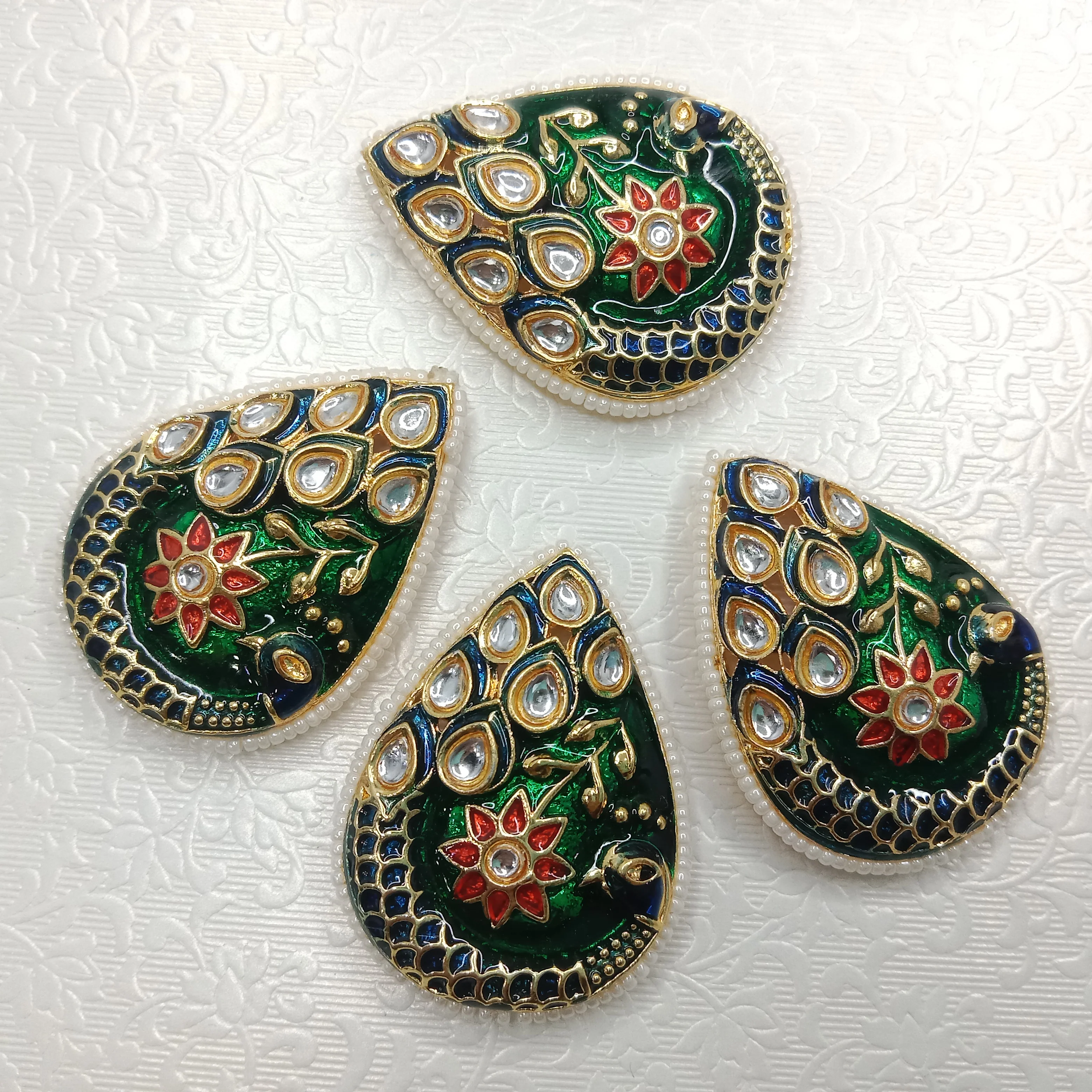 Meenakari peacock design kundan stone  pendant 4pcs