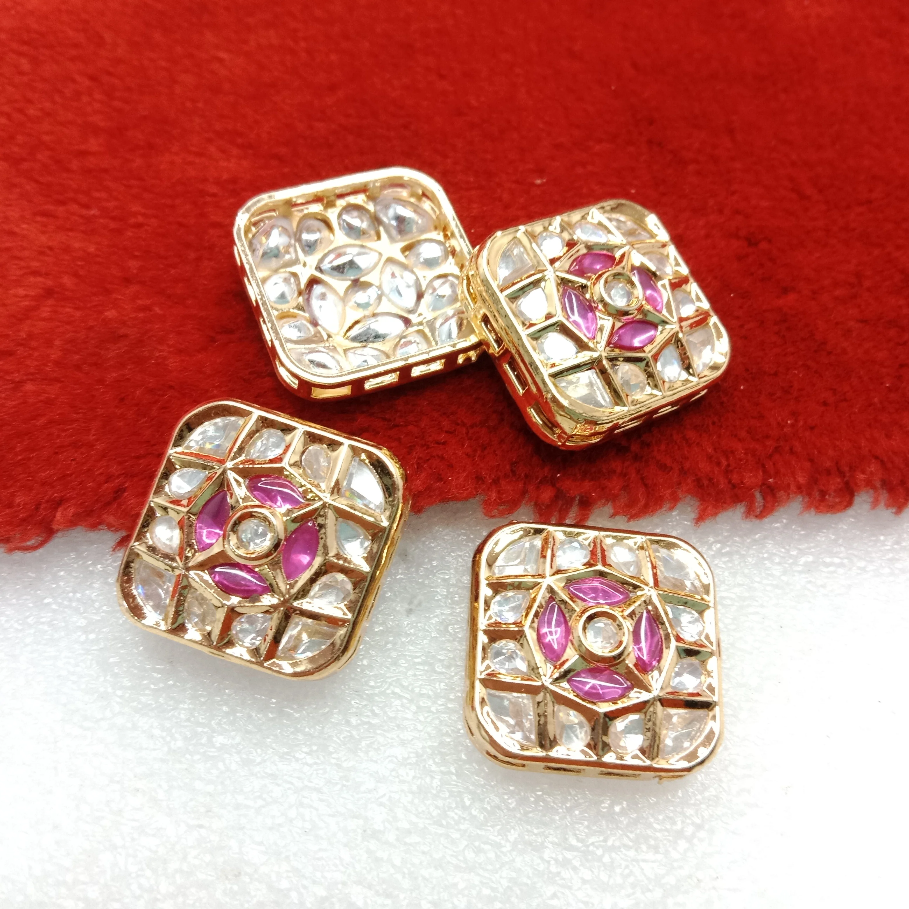 Dark pink (4pcs) high quality square  shape kundan connectors 21mm(2cm)